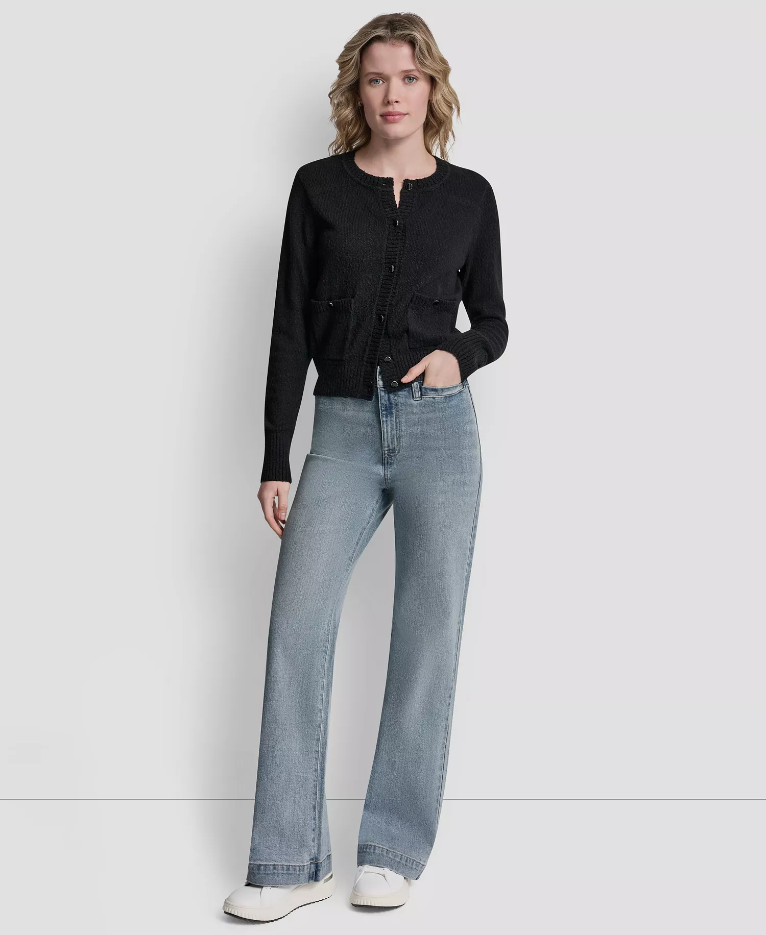 Women's Crewneck Front-Enamel Button Cardigan - Black - L