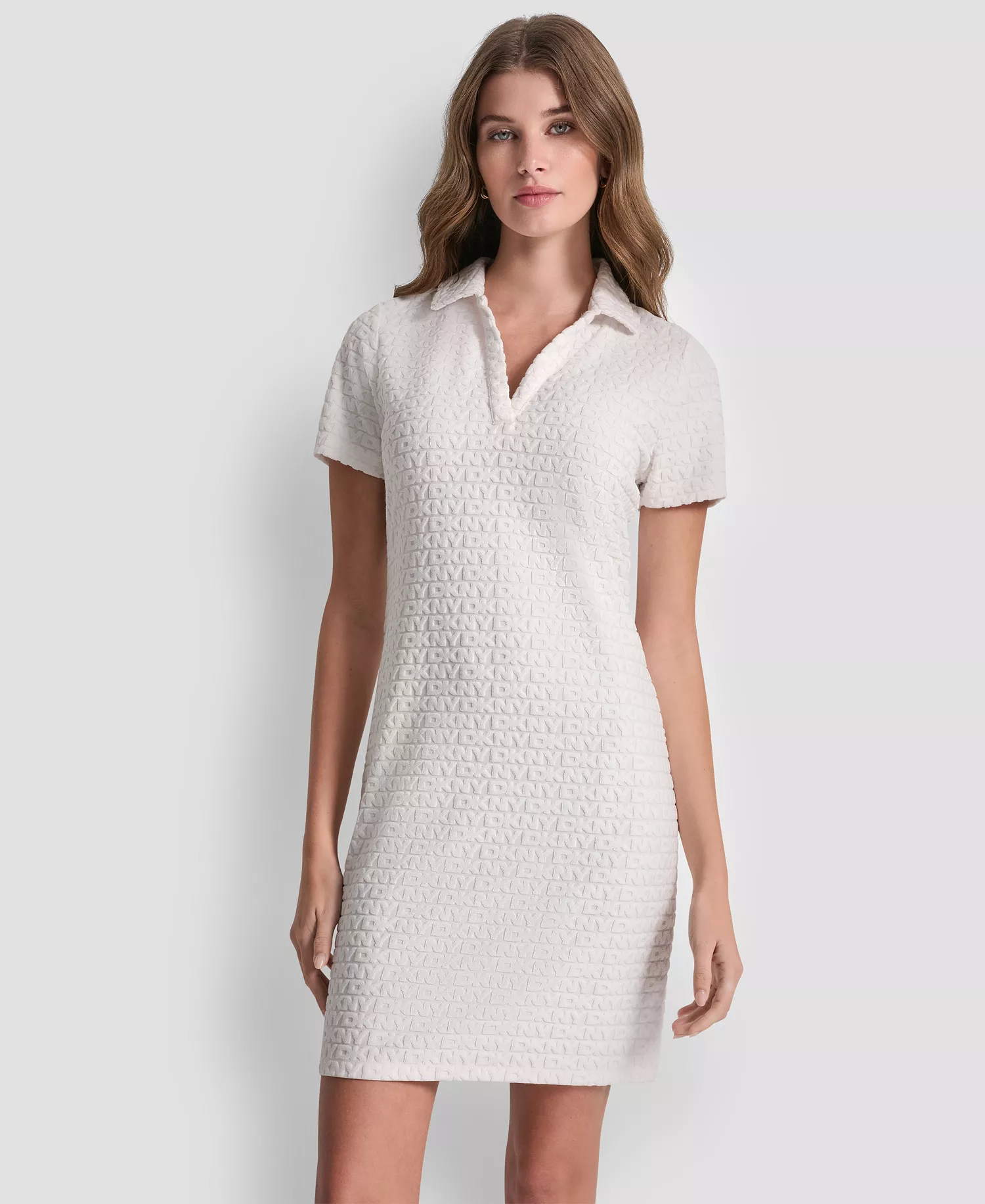 Women's Logo Jacquard Split Neck Collared Mini Polo Dress - Ivory - L