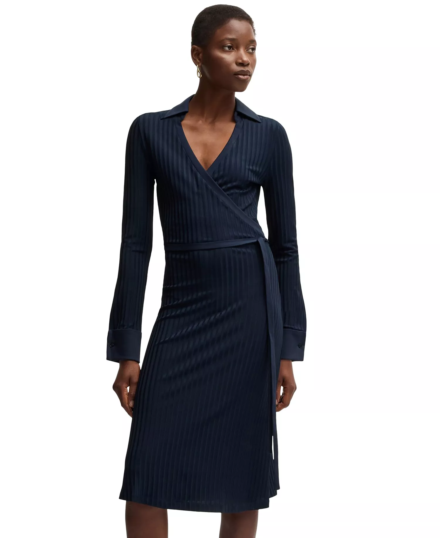 Women's Lustrous Ribbed Wrap Dress - Dark Blue - L