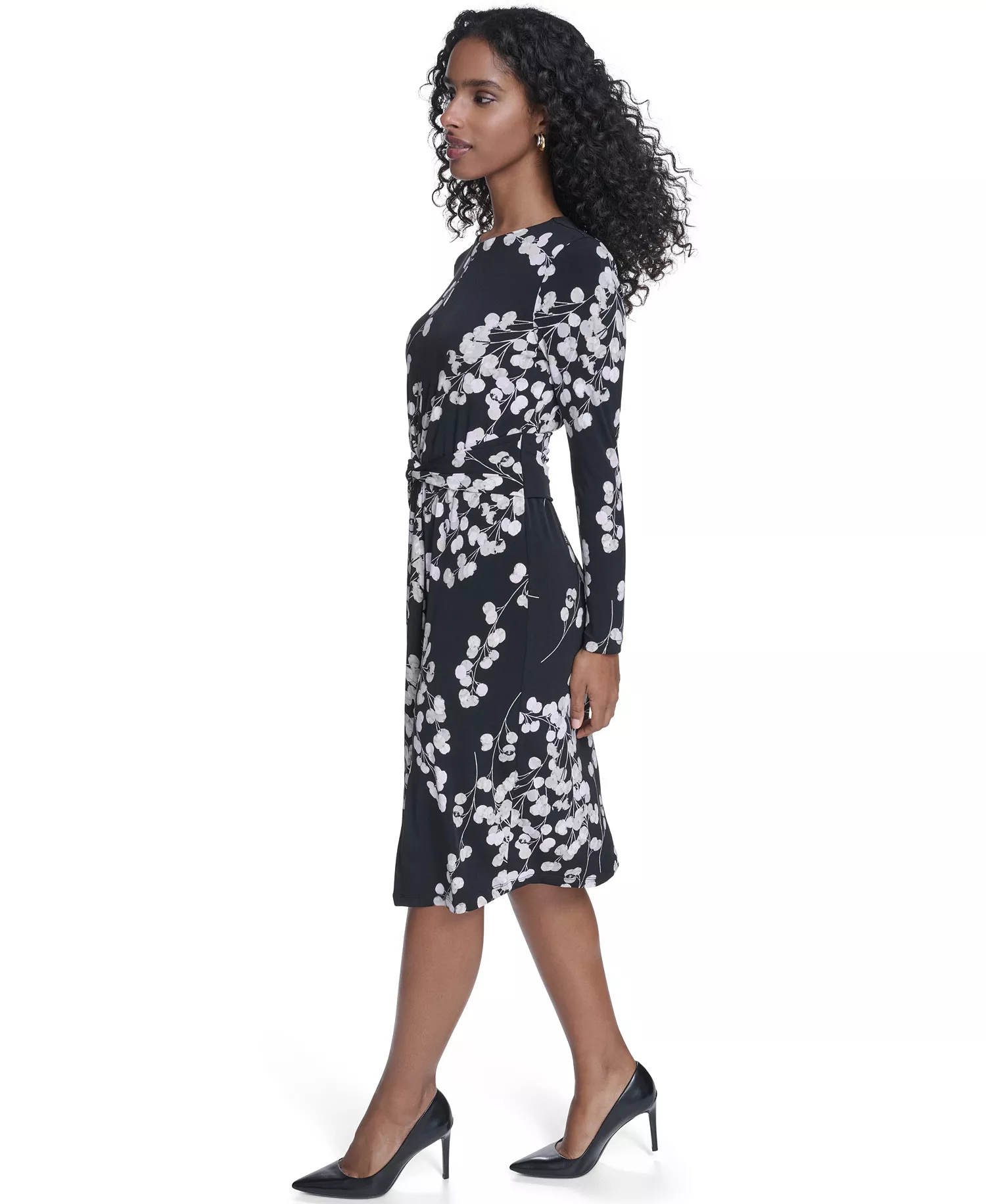 Women's Jersey Surplice Long-Sleeve Crewneck Dress - Black/Cherry Blossom Multi - 0P