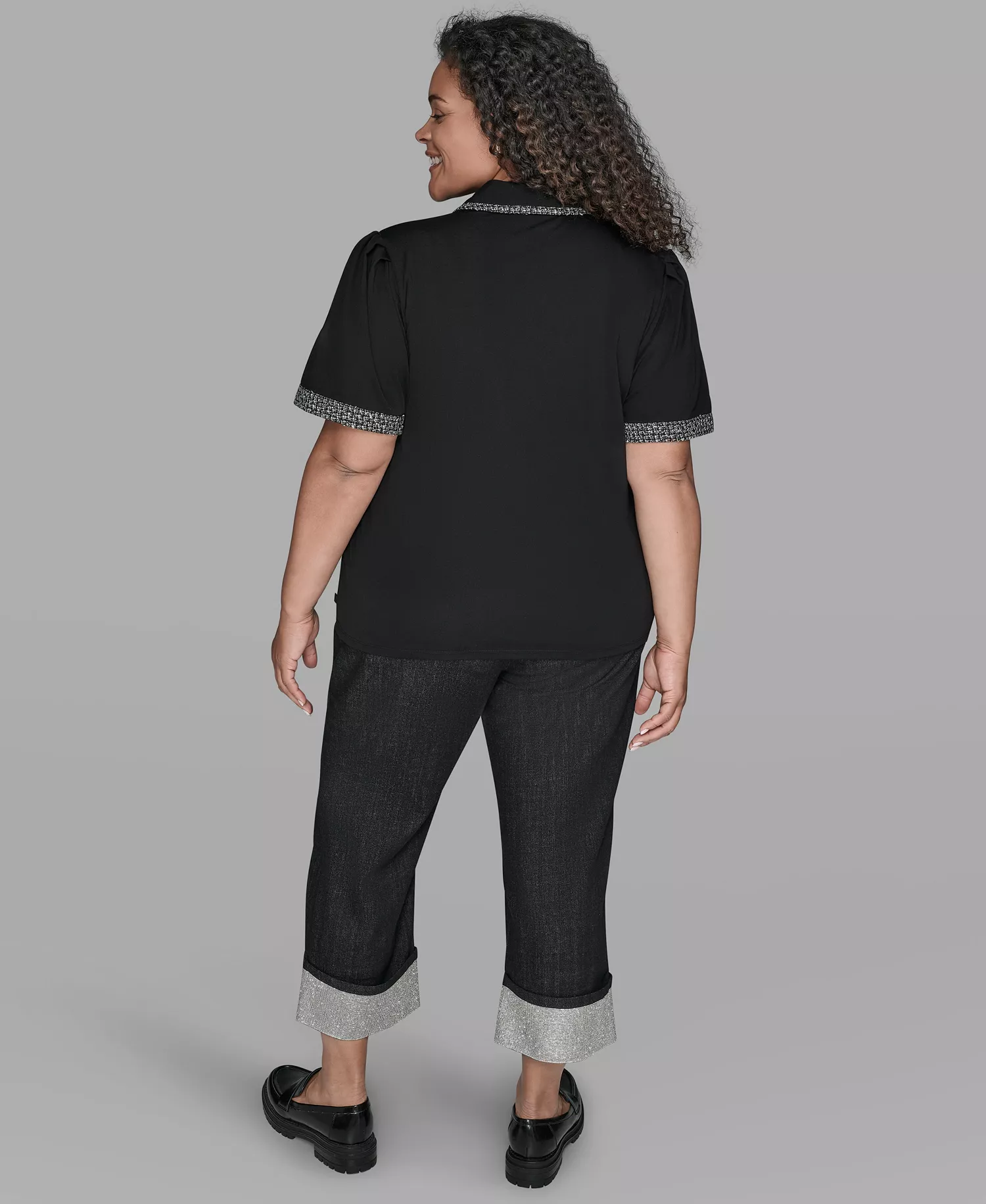 Plus Size Short Sleeve Tweed Trim Knit Top - Black - 2X