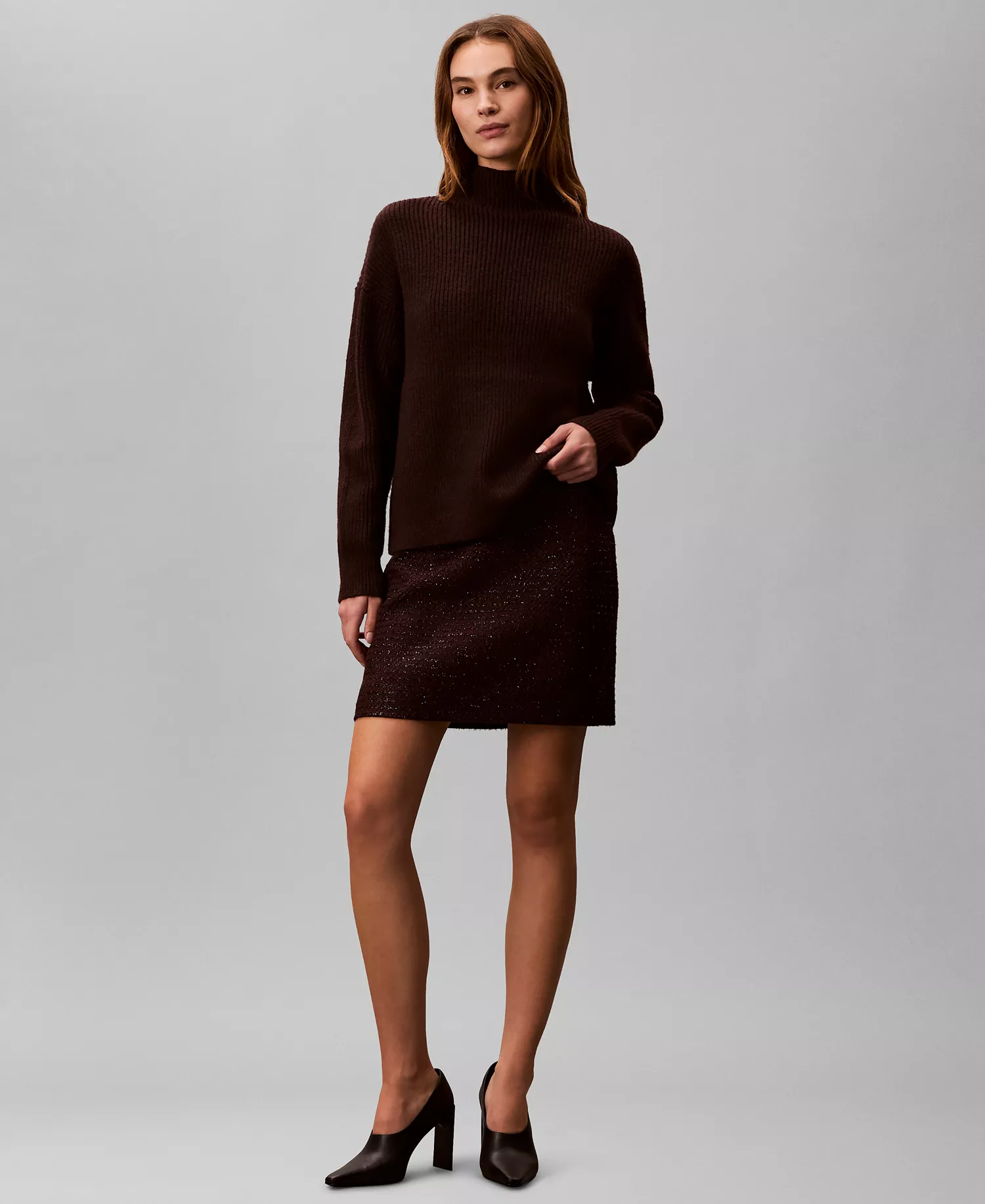 Women's Textured Tweed Mini Skirt - Mocha Brown - 10