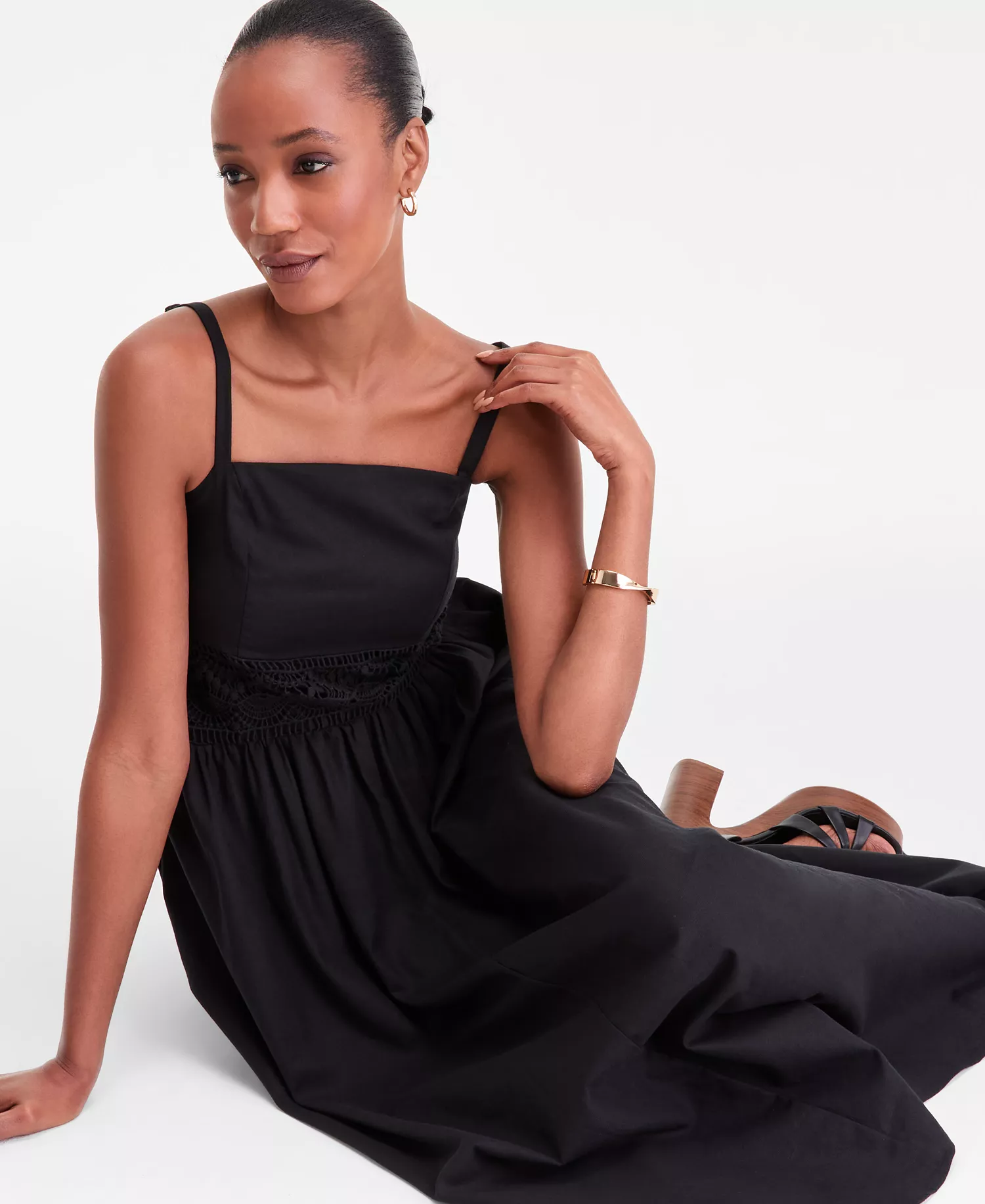 Women's Sleeveless Lace-Inset Cotton-Linen Blend Midi Dress, Macy's Exclusive - Deep Black - L