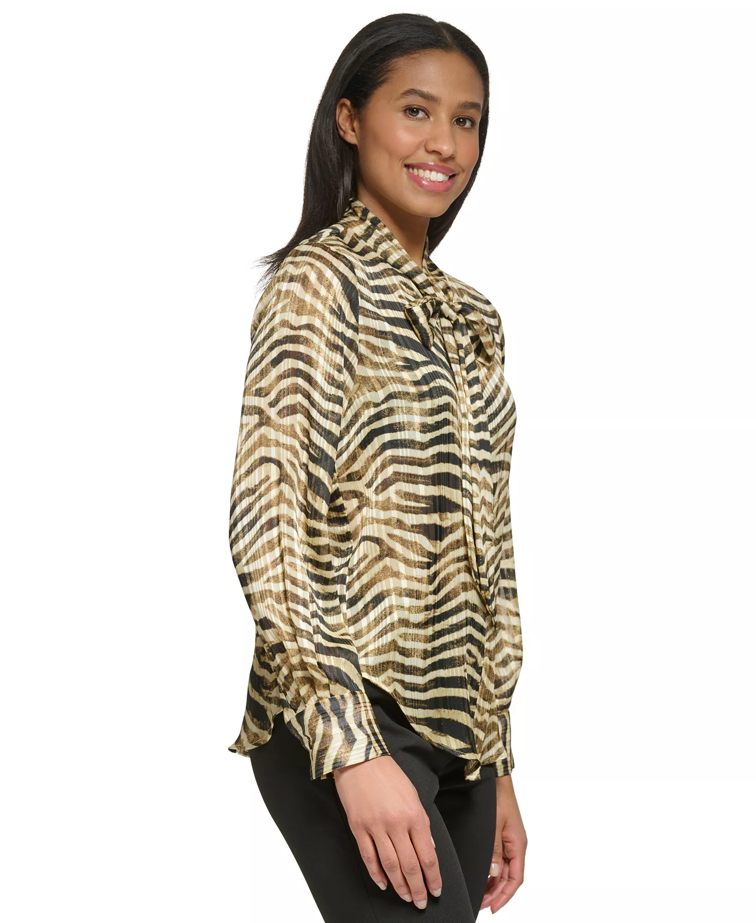 Petite Long-Sleeve Button Front Tie-Neck Top - Cashew Multi - P/M