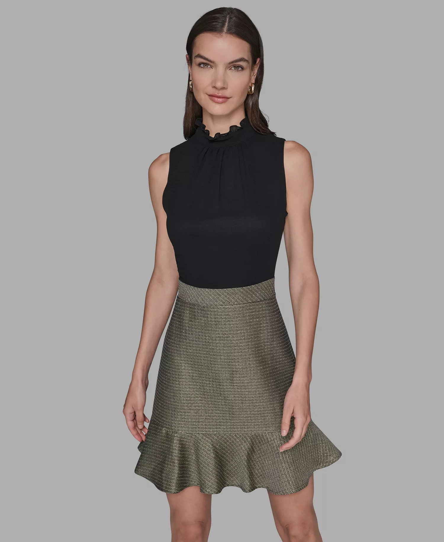 Women's Mock Neck Flounce Hem A-Line Dress - Black/Gold multi - 14