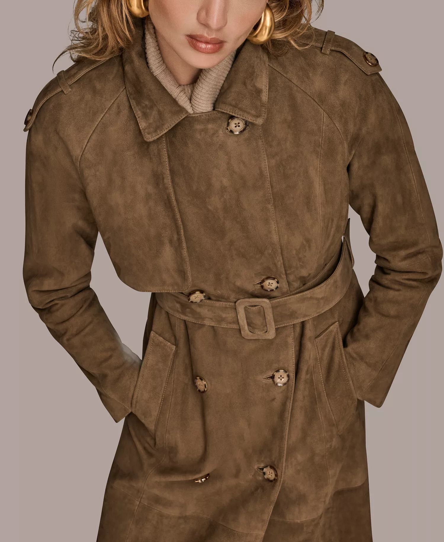 Women's Double Breasted Belted Trench Coat - Brown - M