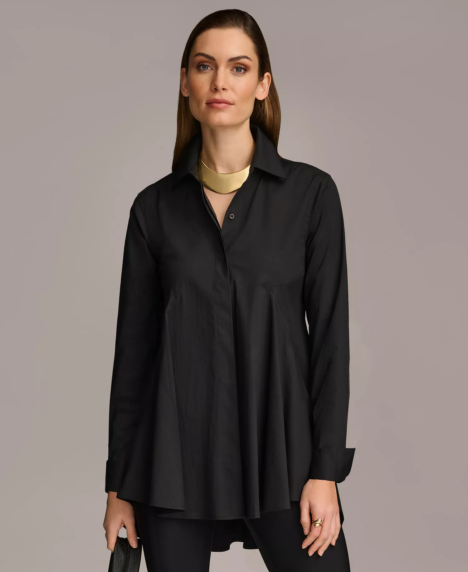 Women's A-Line Button Down Poplin Tunic - Black - L
