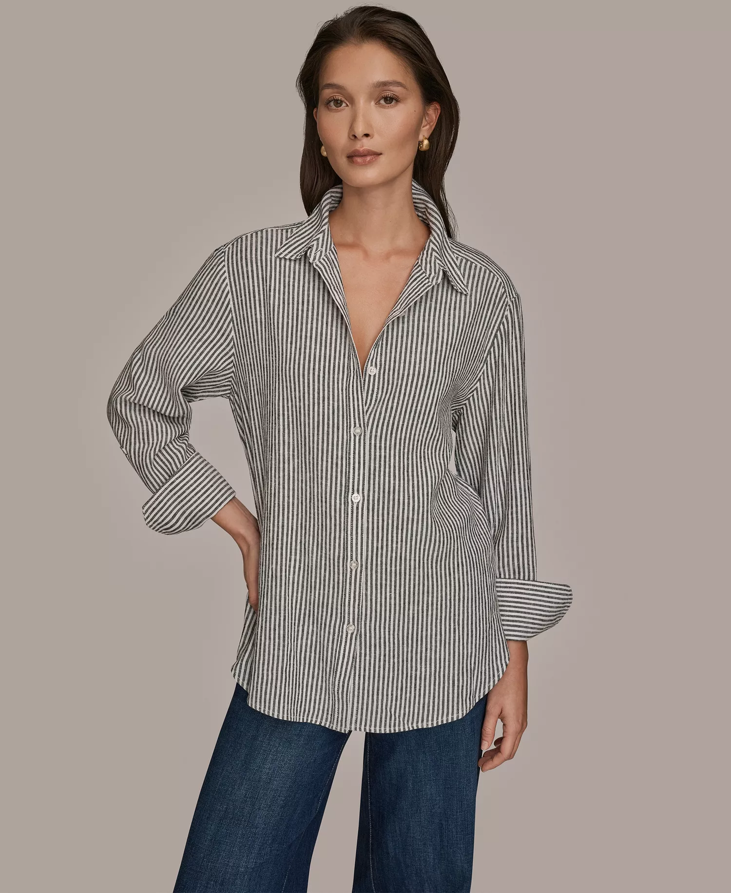 Women's Collared Button Striped Front Shirt - Thin Black Stripe - L