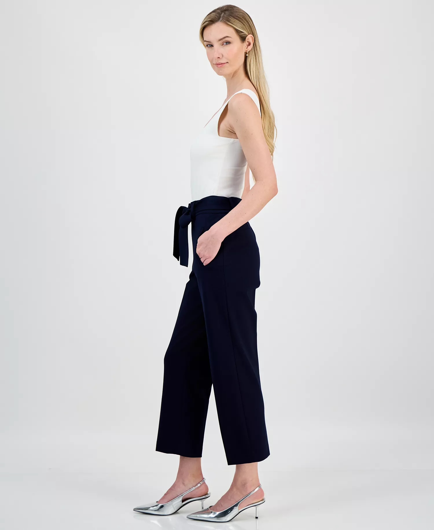 Women's Compression Tie Front Capris Pants, Created for Macy's - Bar Navy - L