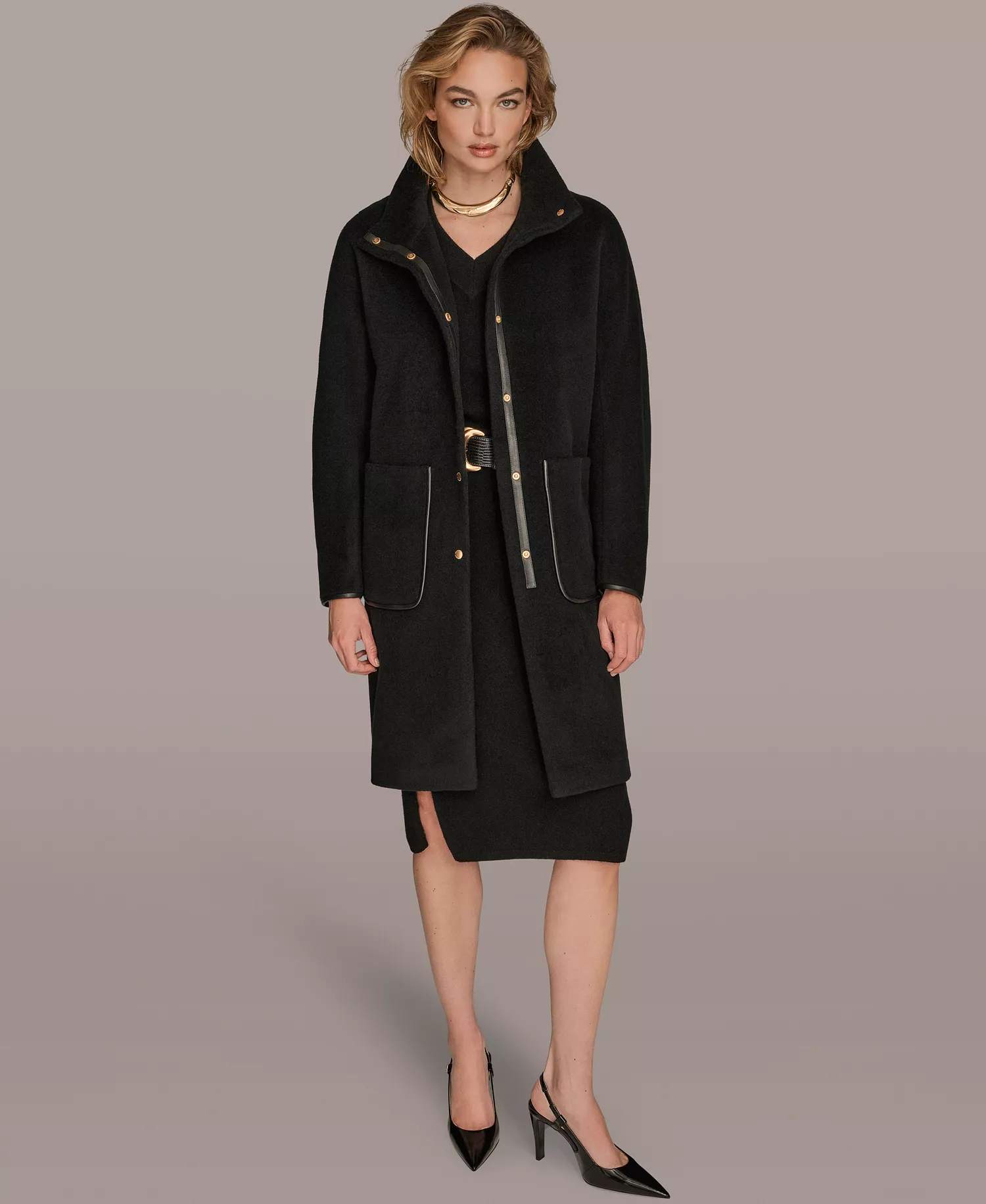 Women's Snap Button Scarf Coat - Black - L