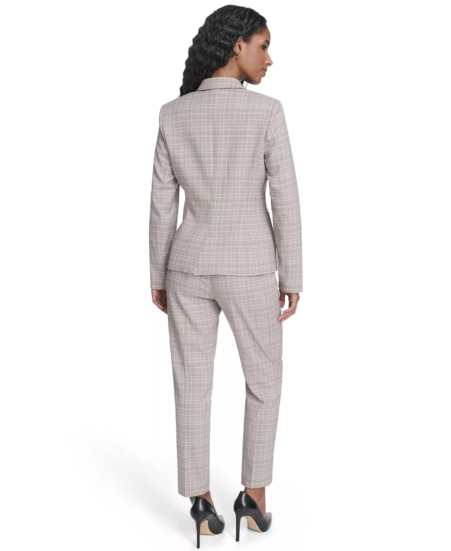 Women's Plaid One Button Blazer Jacket, Floral Clip Draped Crew Neck Top, and Plaid Sloane Ankle Pants - Pale Pink Multi - 0