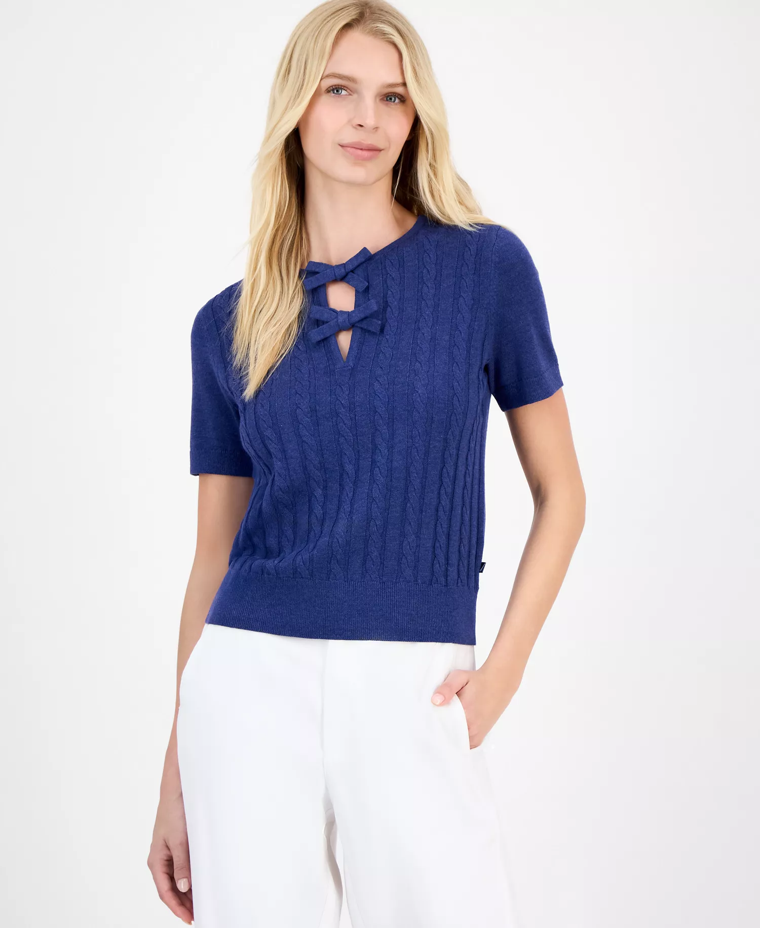 Nautica Women's Bow Cable-Knit Short-Sleeve Sweater - Denim Heather - L