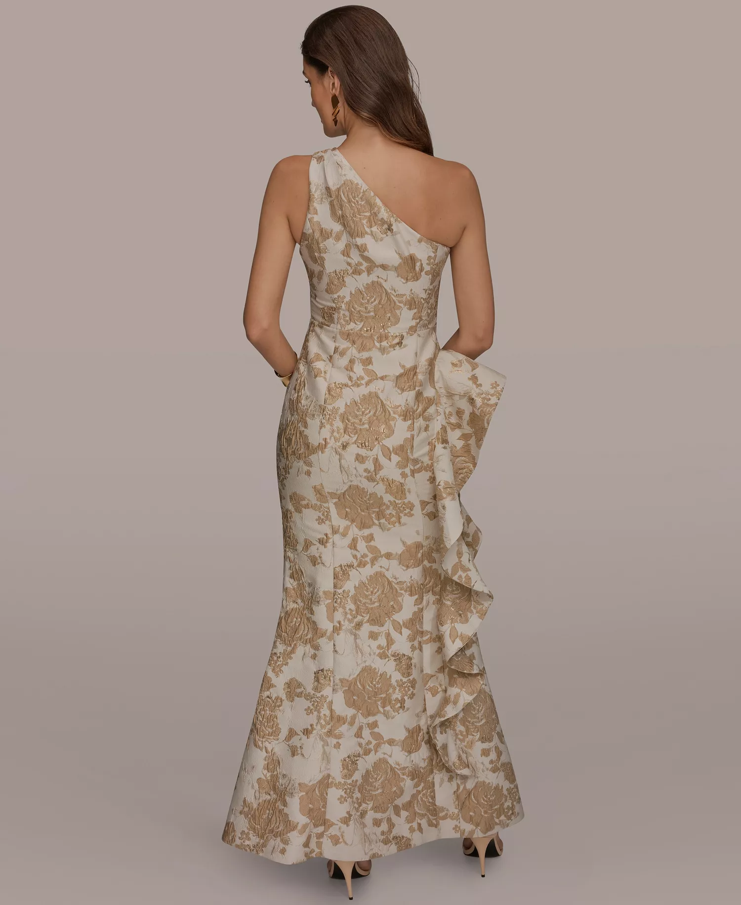 Women's One Shoulder Side Ruffle Gown - Gold Multi - 10