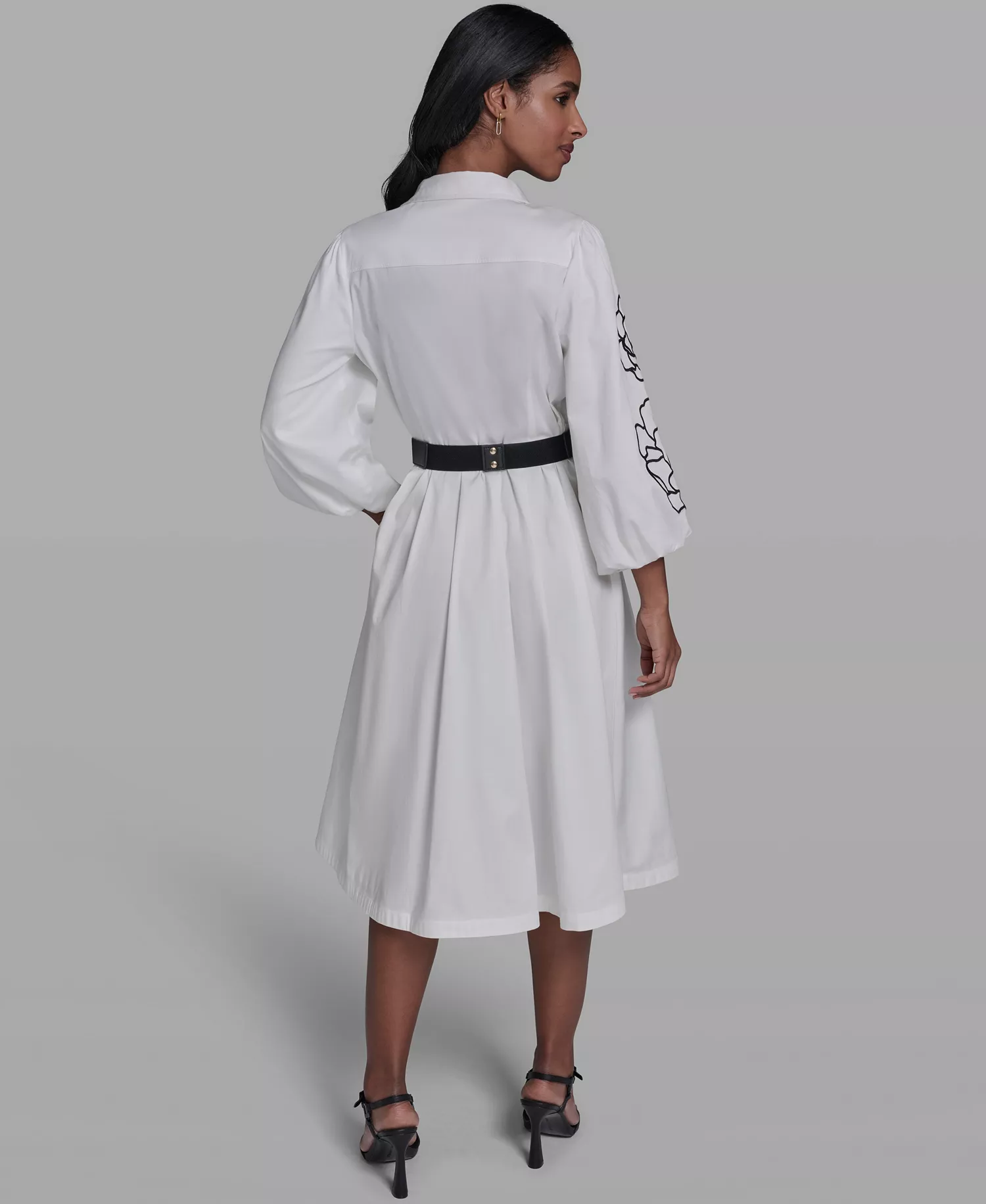 Women's Collared Button-Up Floral Embroidered-Sleeve Belted Dress - Soft White - 0