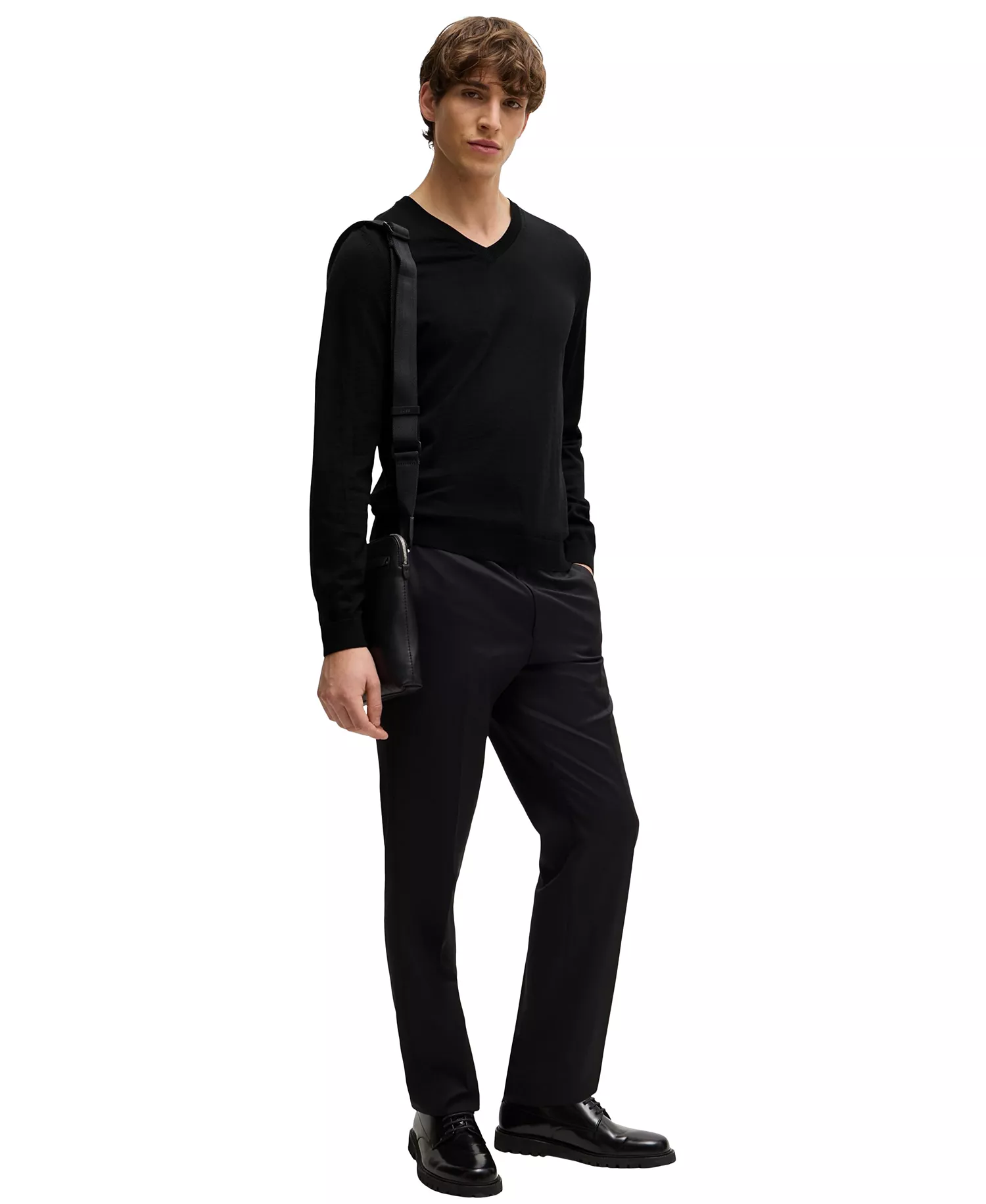 Men's Slim-Fit Merino Wool V-Neck Sweater - Black - 2XL
