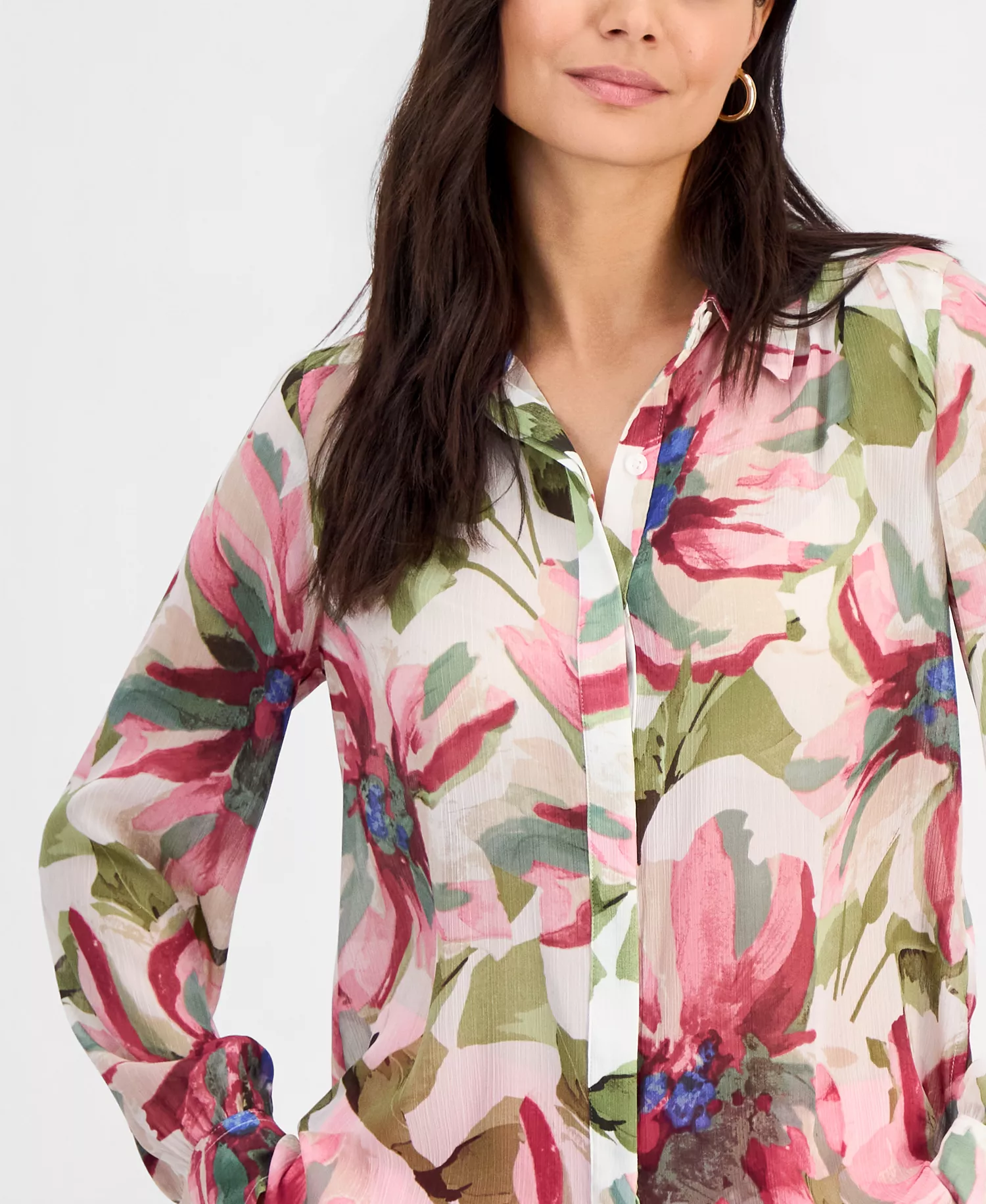 Petite Printed Long-Sleeve Blouse, Created for Macy's - Farrah Bouquet - P/L