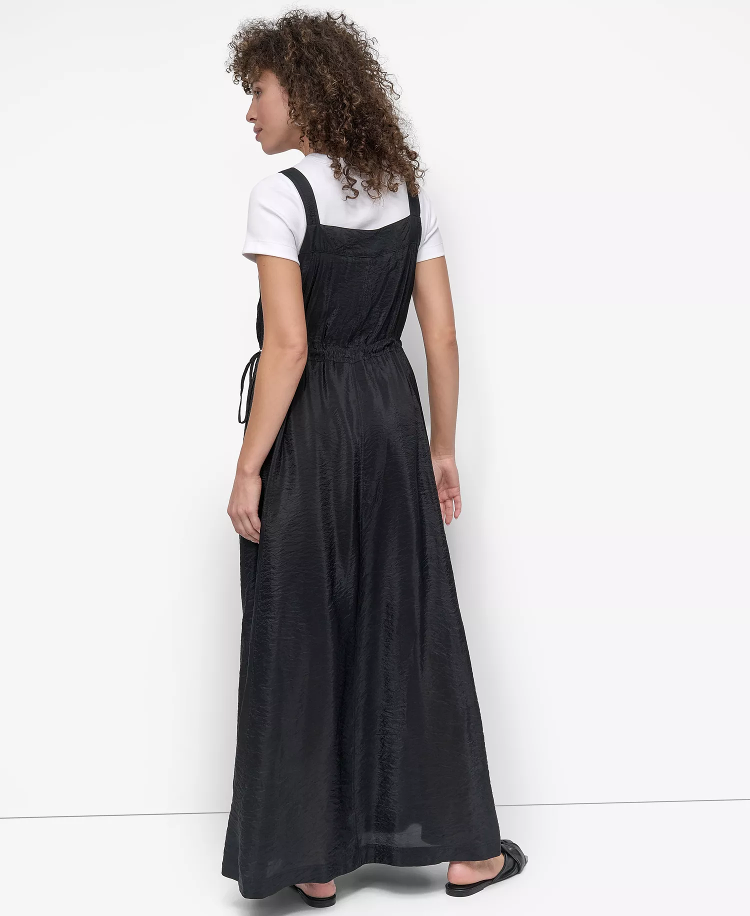 Women's Drawstring Adjustable Shoulder Overall Dress - Black - L