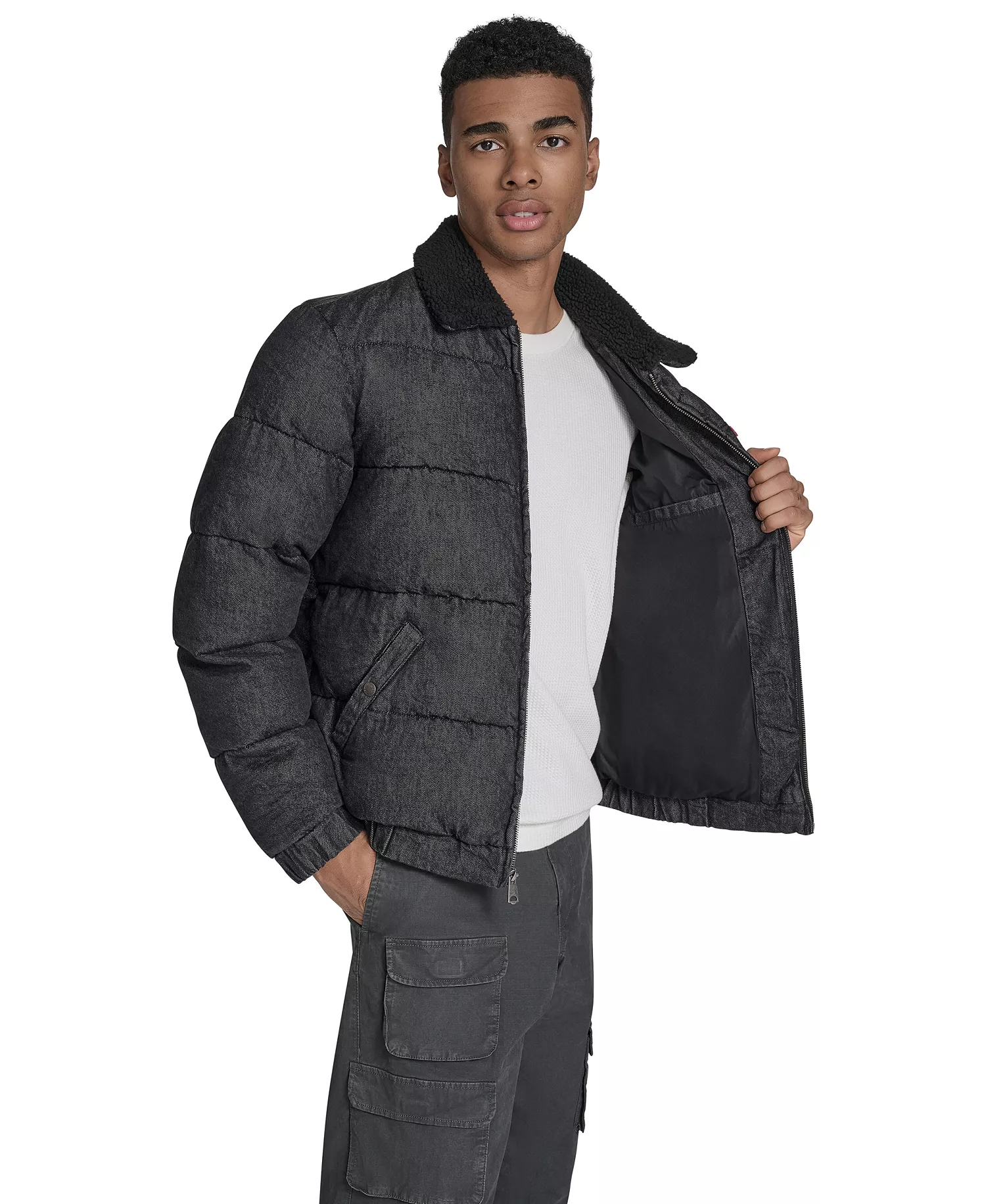 Men's Denim Quilted Sherpa Collar Jacket - Black Denim - 2XL
