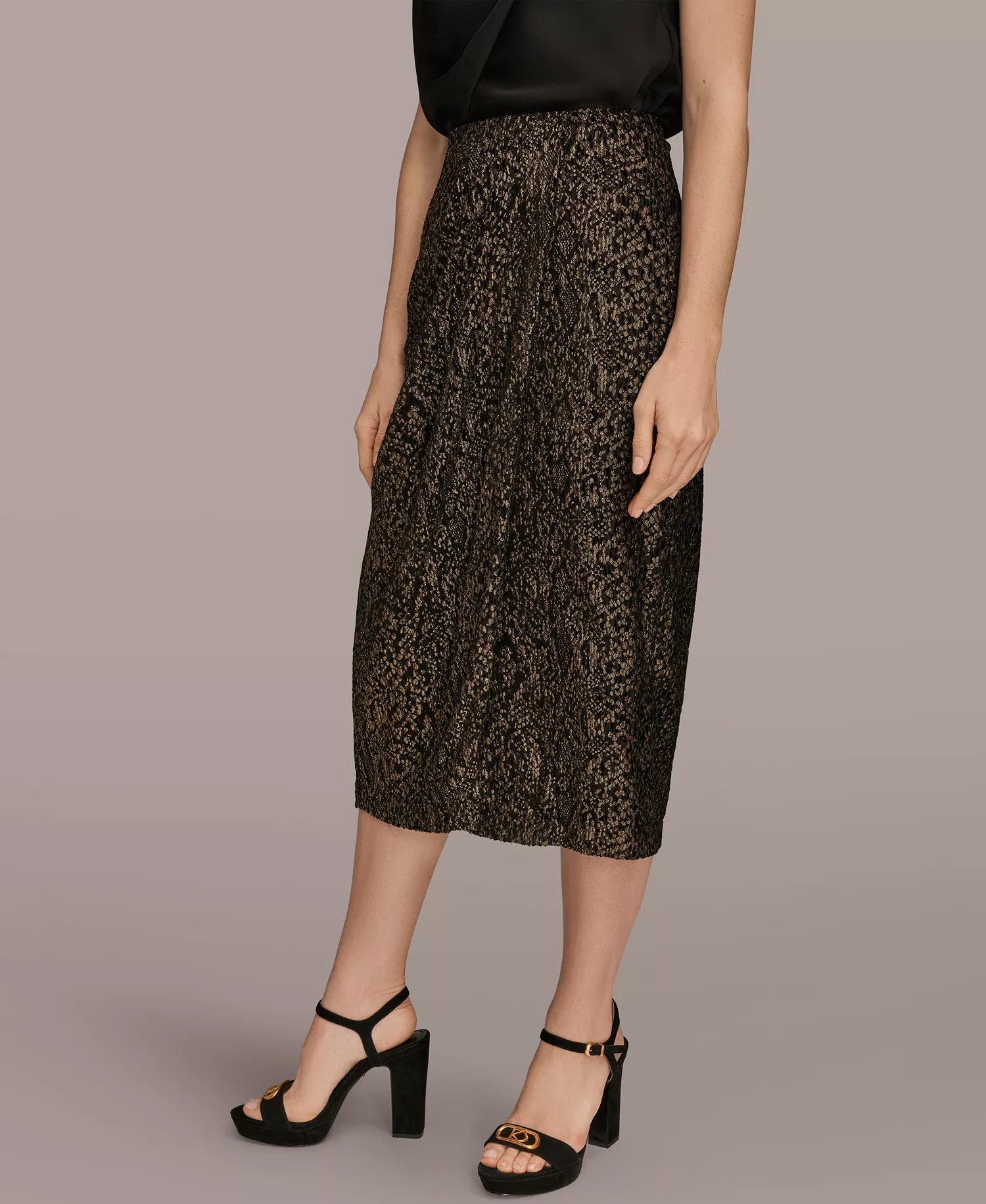 Women’s Faux Wrap Metallic Burnout Skirt - Black/Gold - 10