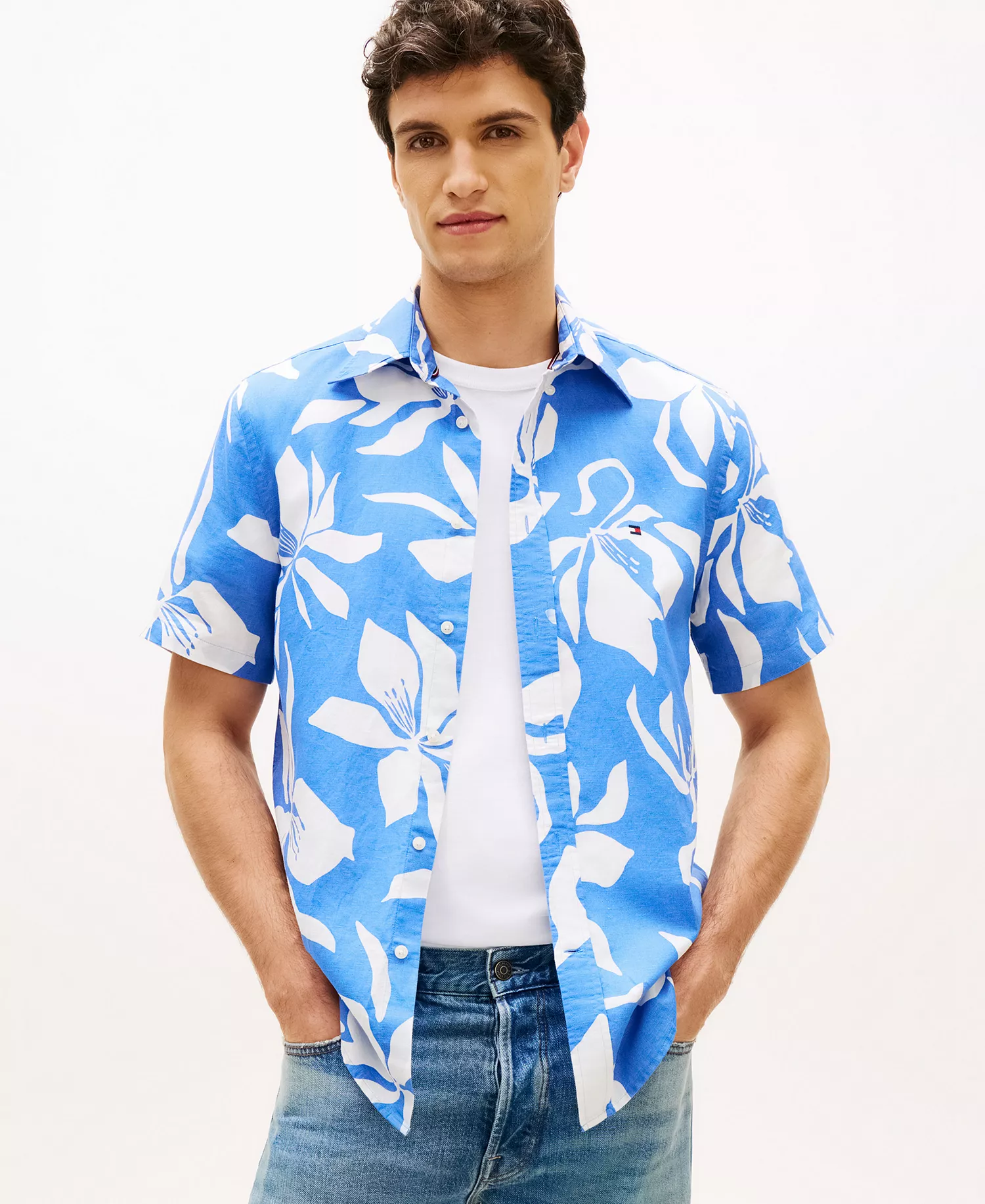 Men's Linen Flower Print Button-Down Shirt - Blue Spell / Allover - L