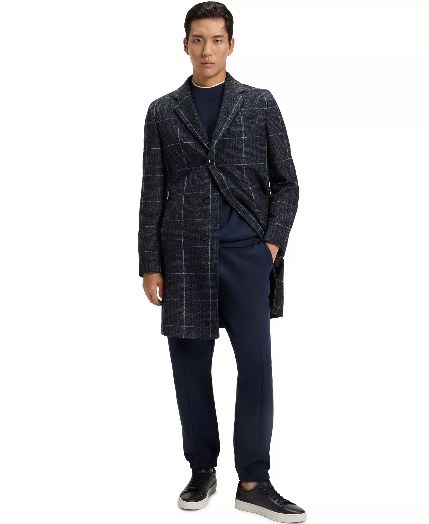 Men's Plain Check Slim-Fit Coat - Dark Blue - 34R