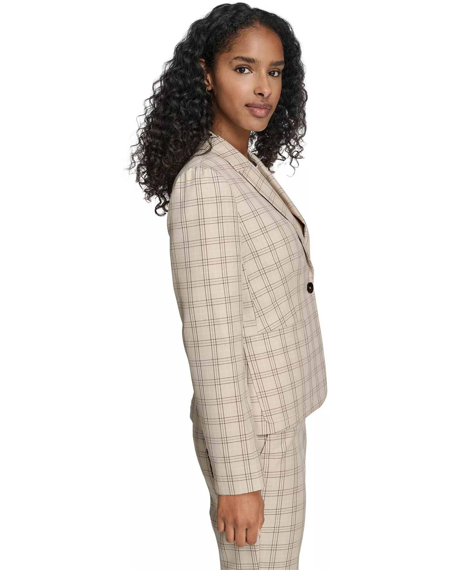 Women's Plaid One Button Blazer Jacket, Plaid Bootcut Trousers and Clip Dot Pleated Bib Pull-On Top - Latte Multi - 0