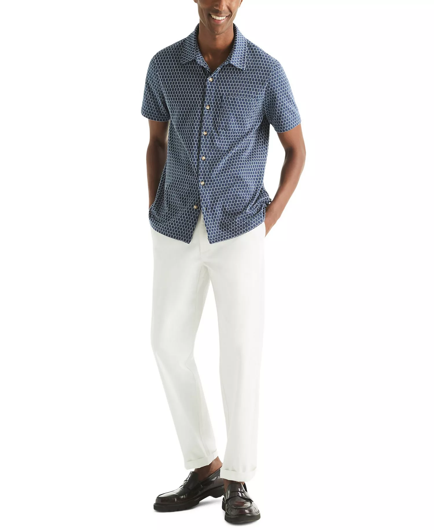 Men's Classic-Fit Brick Pattern Button-Front Short-Sleeve Shirt - Navy Seas - L
