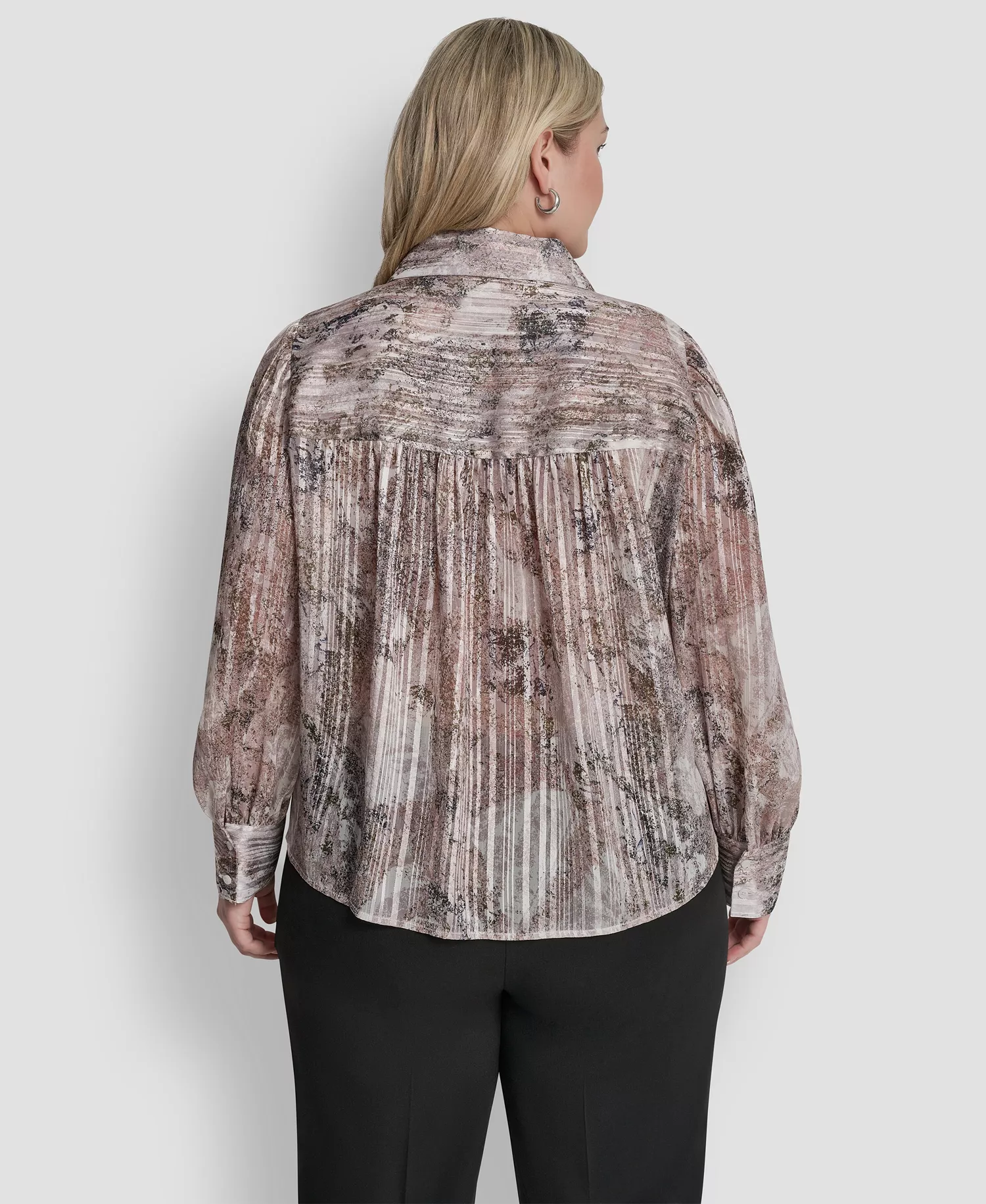 Plus Size Collared Neck Long-Sleeve Top - Coconut/Travertine Multi - 1X