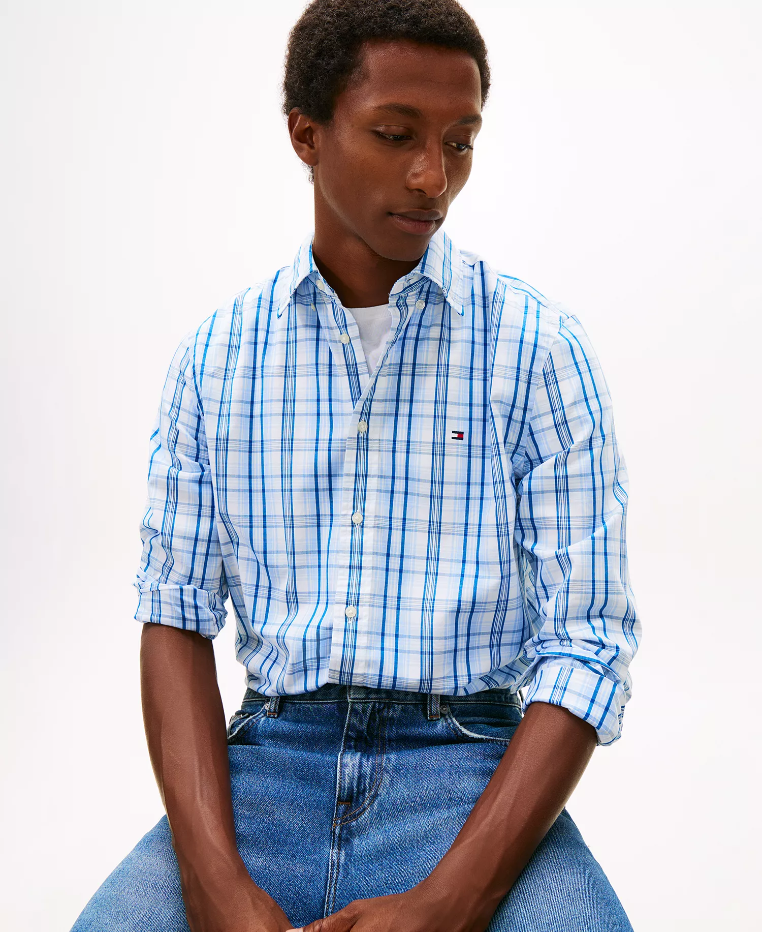 Men's Flex Poplin Medium Check Shirt - White / Check - L