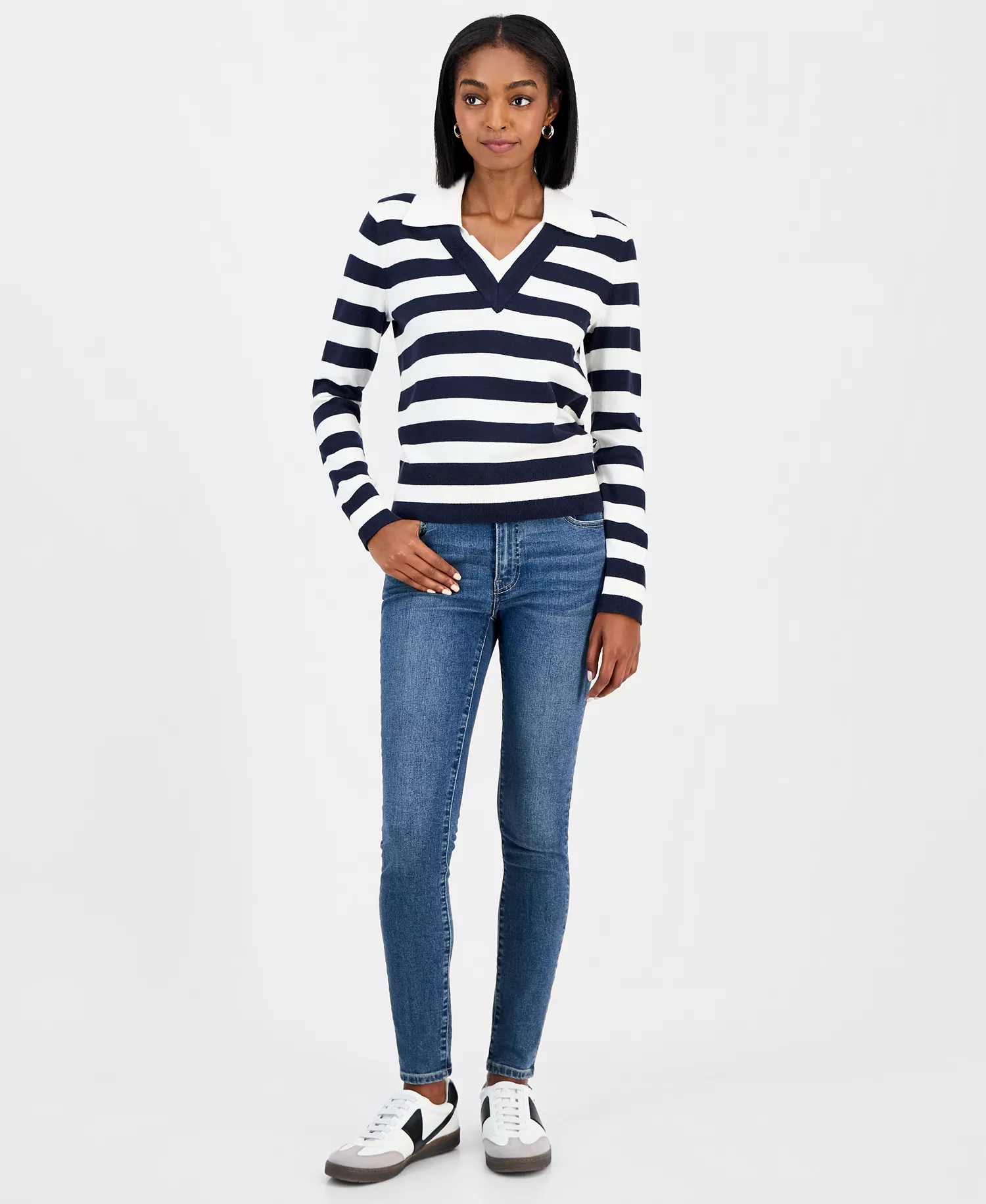 Nautica Women's Contrast-Collar Stripe Sweater  - Night Sky/ Ivory - L
