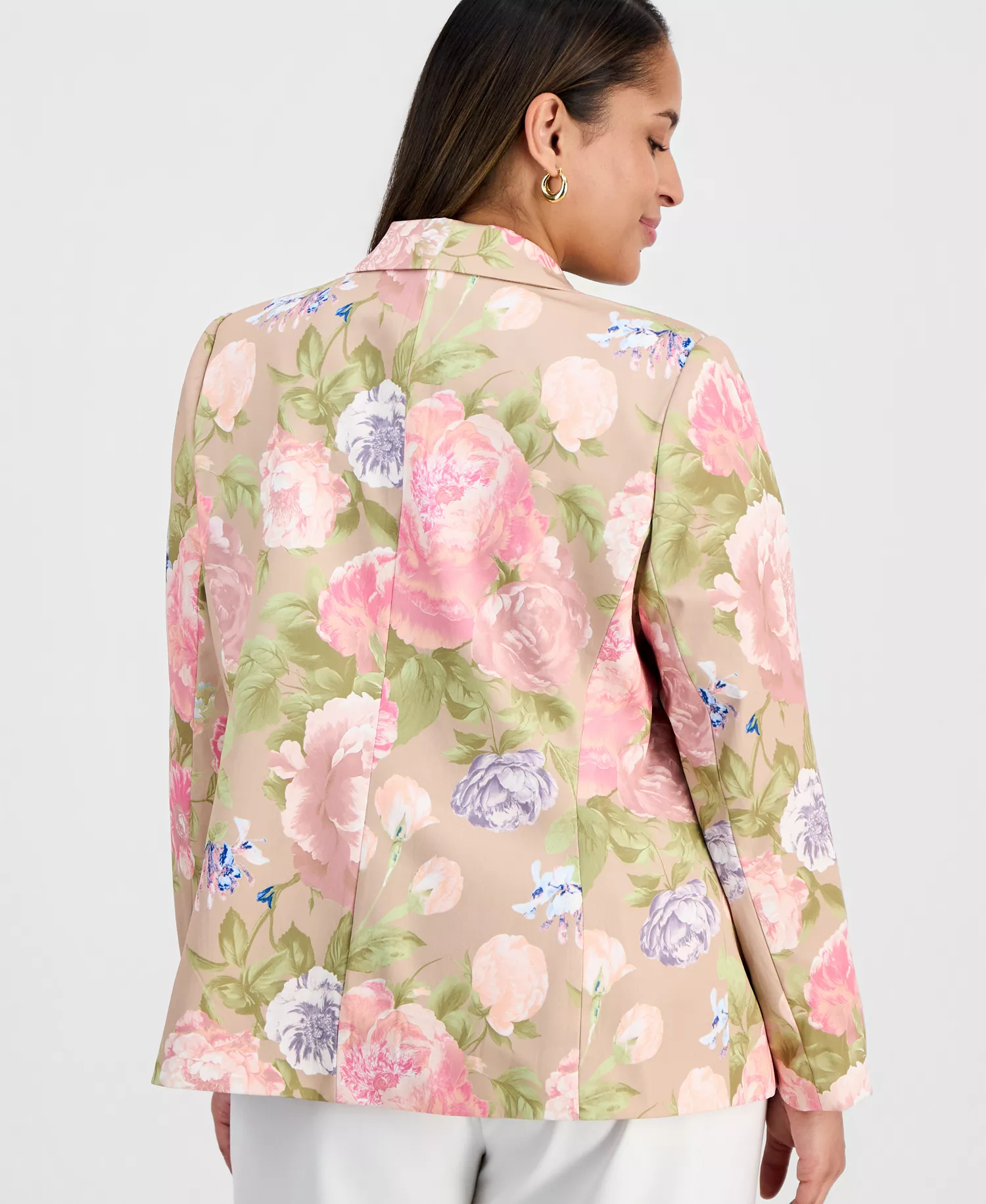 Plus Size Printed Notch-Lapel Satin Blazer - Taupe Multi - 14W