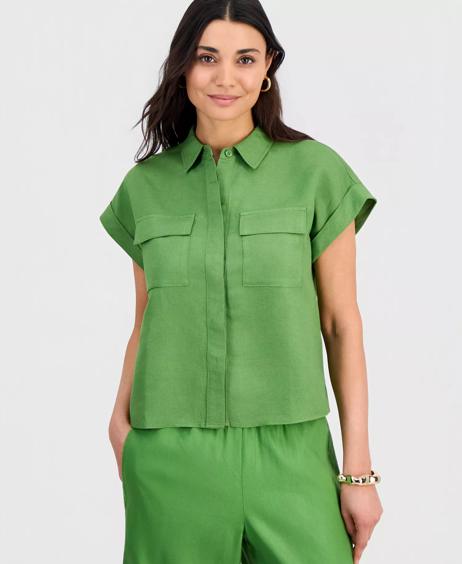 Petite Linen-Blend Short-Sleeve Button-Front Shirt, Exclusively at Macy's  - Fresh Basil - P/L