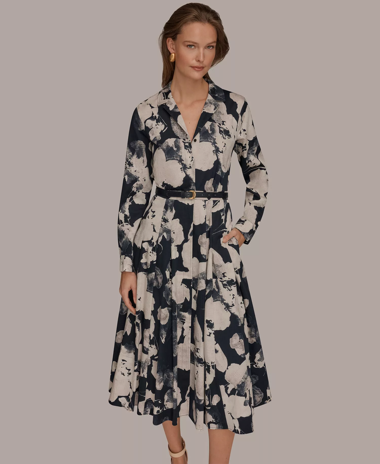 Women's Long-Sleeves Collared Midi Dress - Nightfall Multi - 10