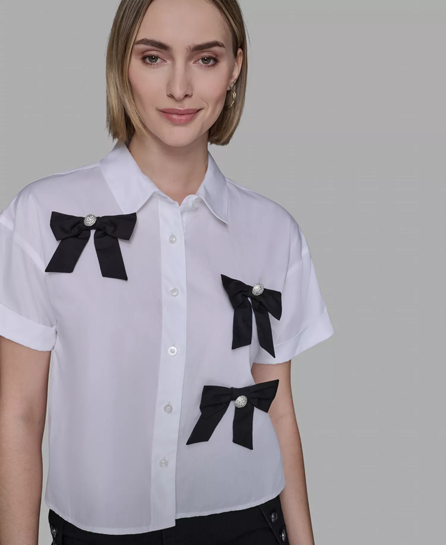 Petite Bow Short Sleeve Top - White - P/L