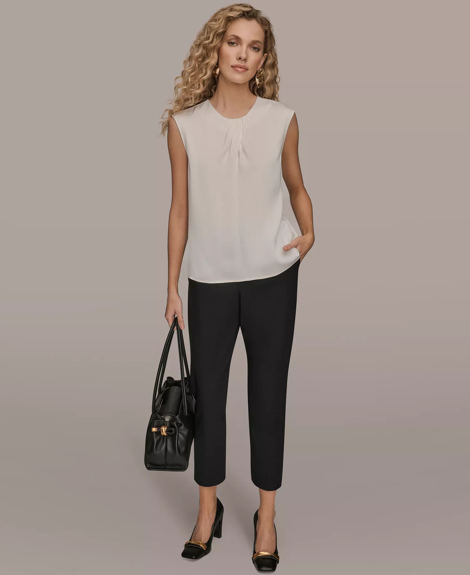 Women's Solid Sleeveless Twist Neck Top - Cream - L