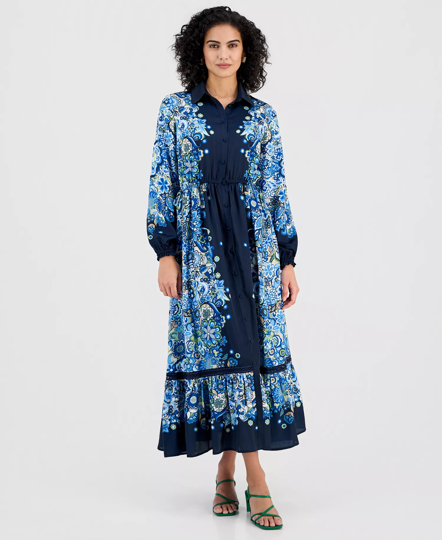 Women's Printed Button-Front Maxi Dress - Garden Bloom Print - L