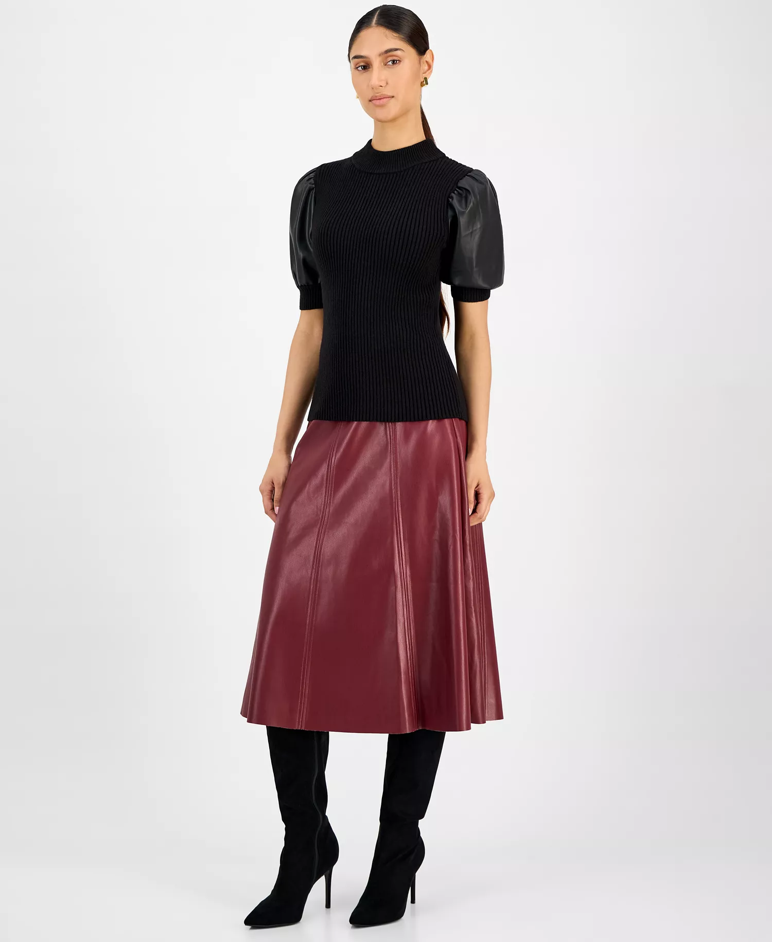 Women's Ribbed Faux-Leather-Sleeve Top - Black - L