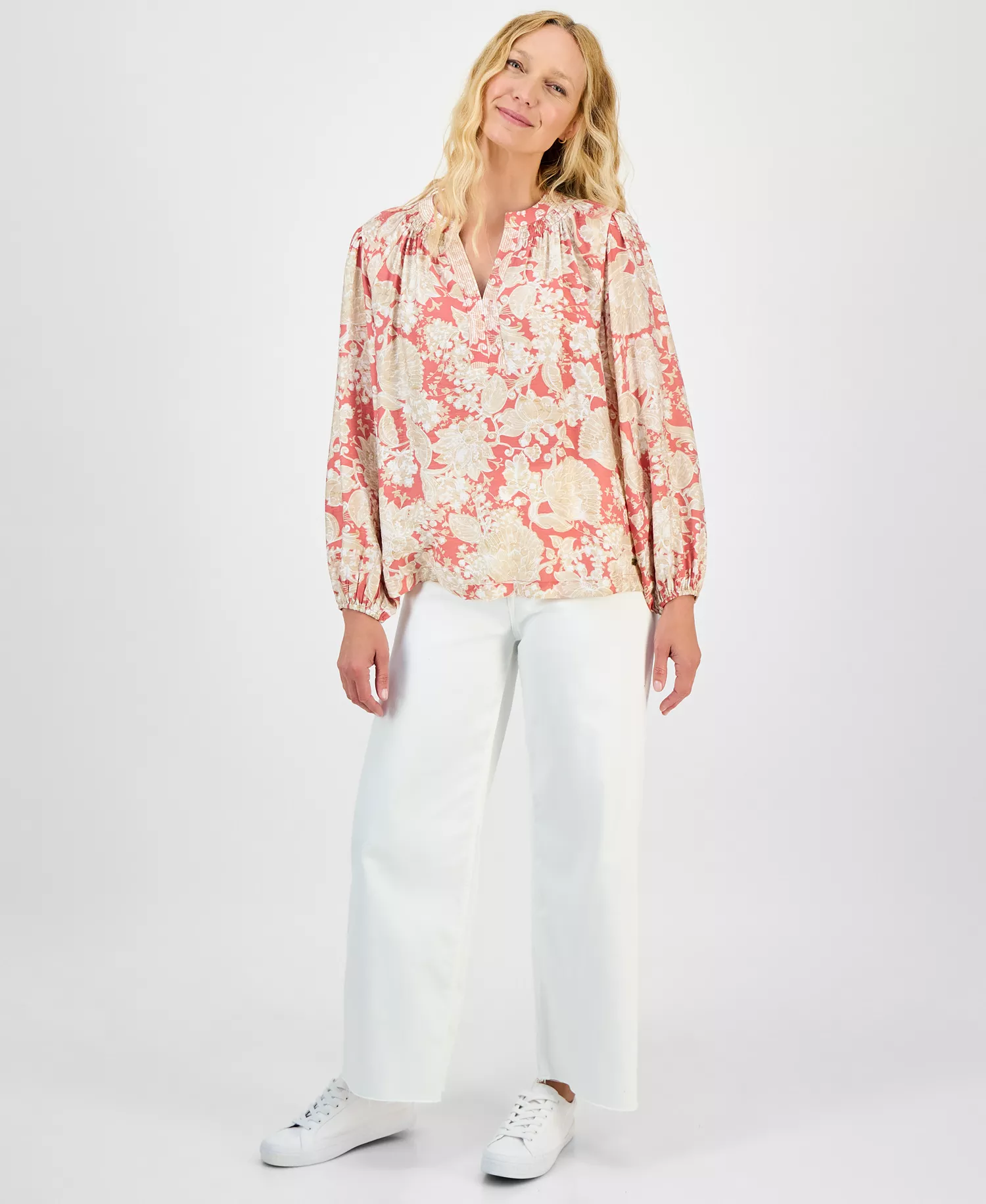 Nautica Women's Long Sleeve Floral Tunic Top  - Mineral Red Multi - XS