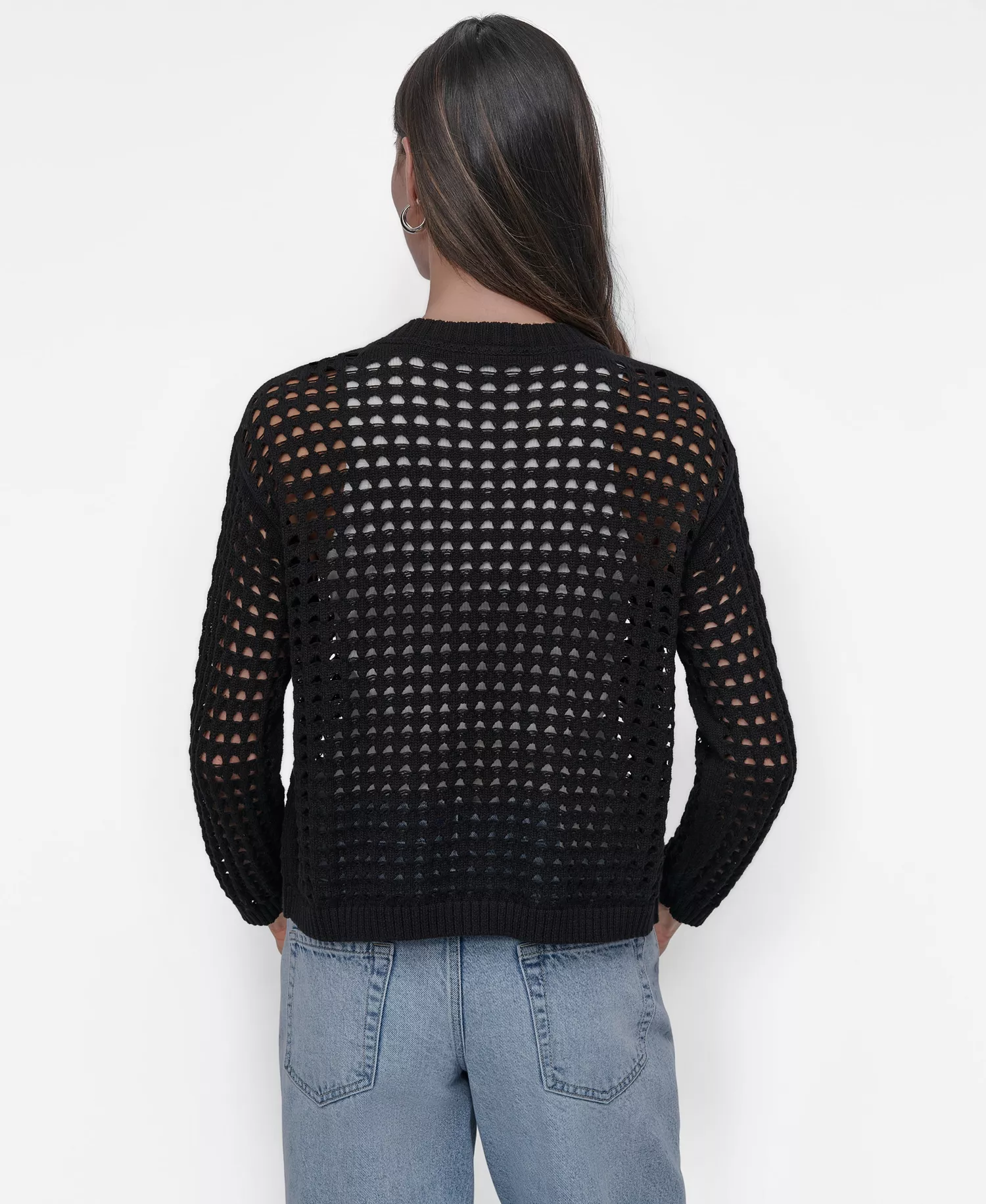 Women's Open-Stitch Drop-Shoulder Cardigan Sweater - Black - L