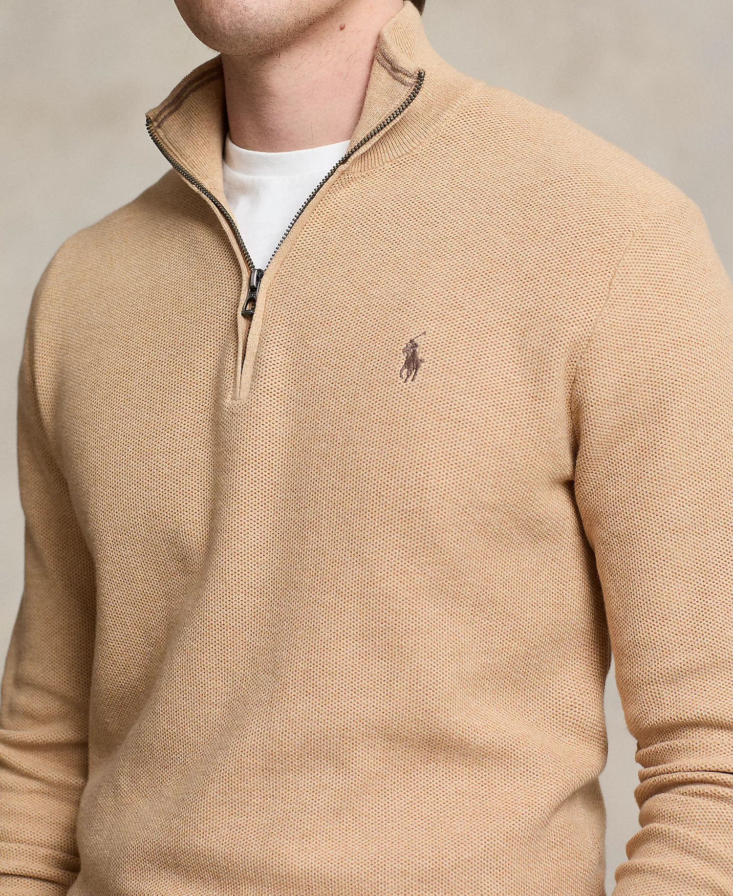 Men's Mesh-Knit Cotton Quarter-Zip Sweater - Brown - 2XL