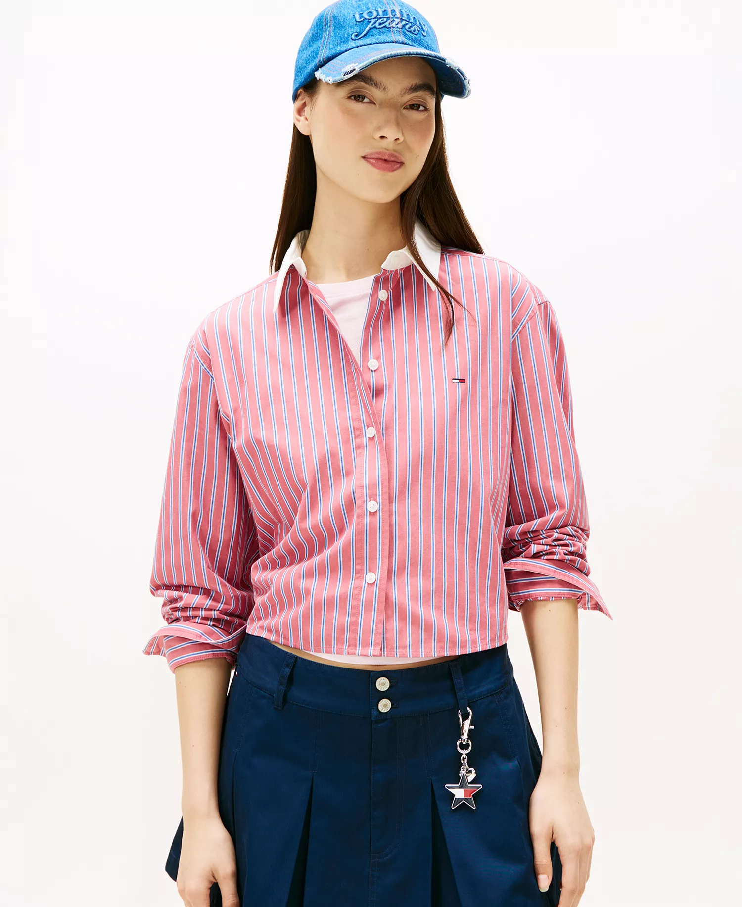 Women's Cropped Relaxed Stripe Shirt - Ruby Dusk/Multi Stripe - L