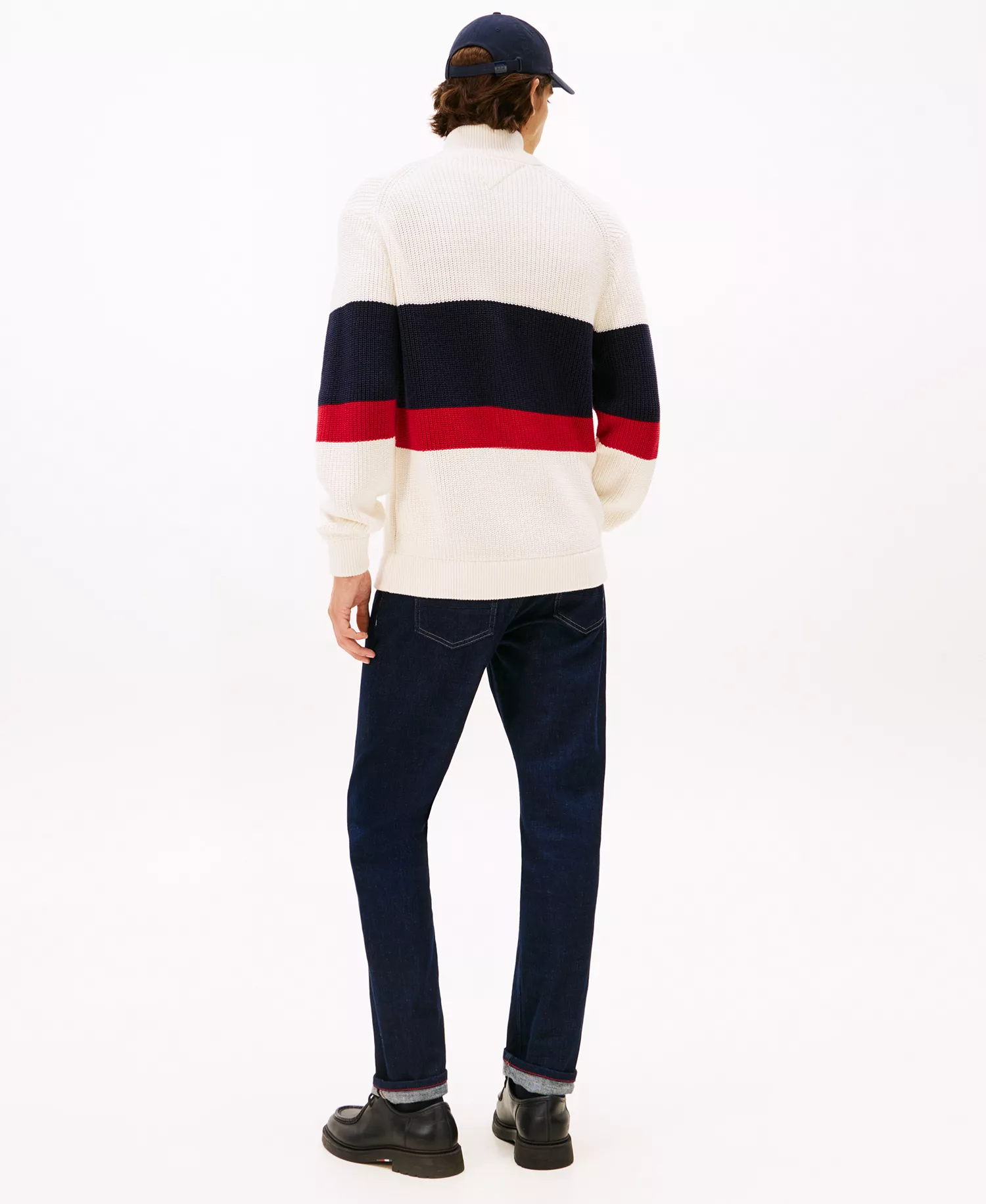 Men's Crest Logo Patch Zip-Through Stripe Sweater - Ivory Petal - L