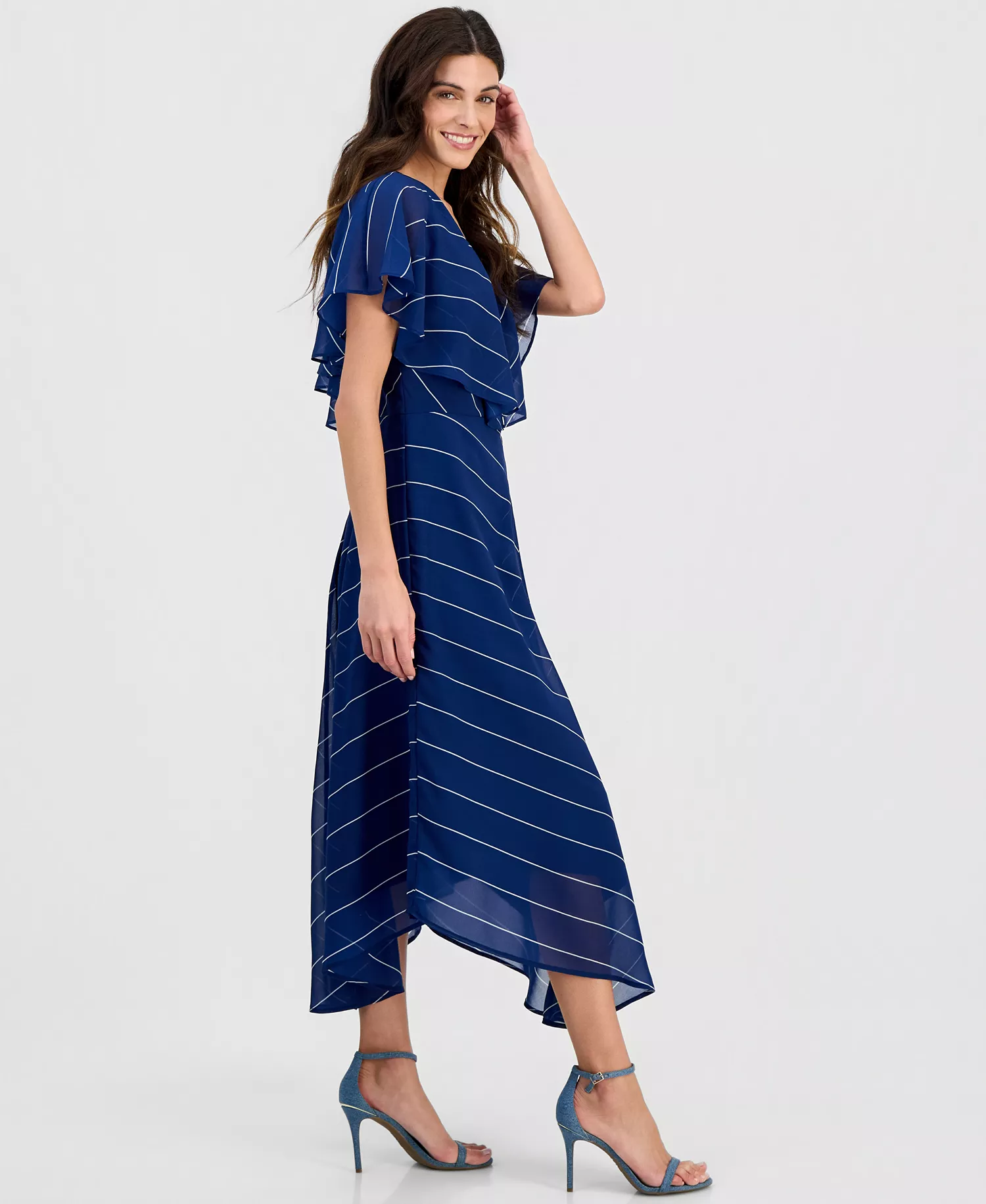 Women's Capelet-Sleeve Point-Hem Dress, Macy's Exclusive - Cait Stripe - L