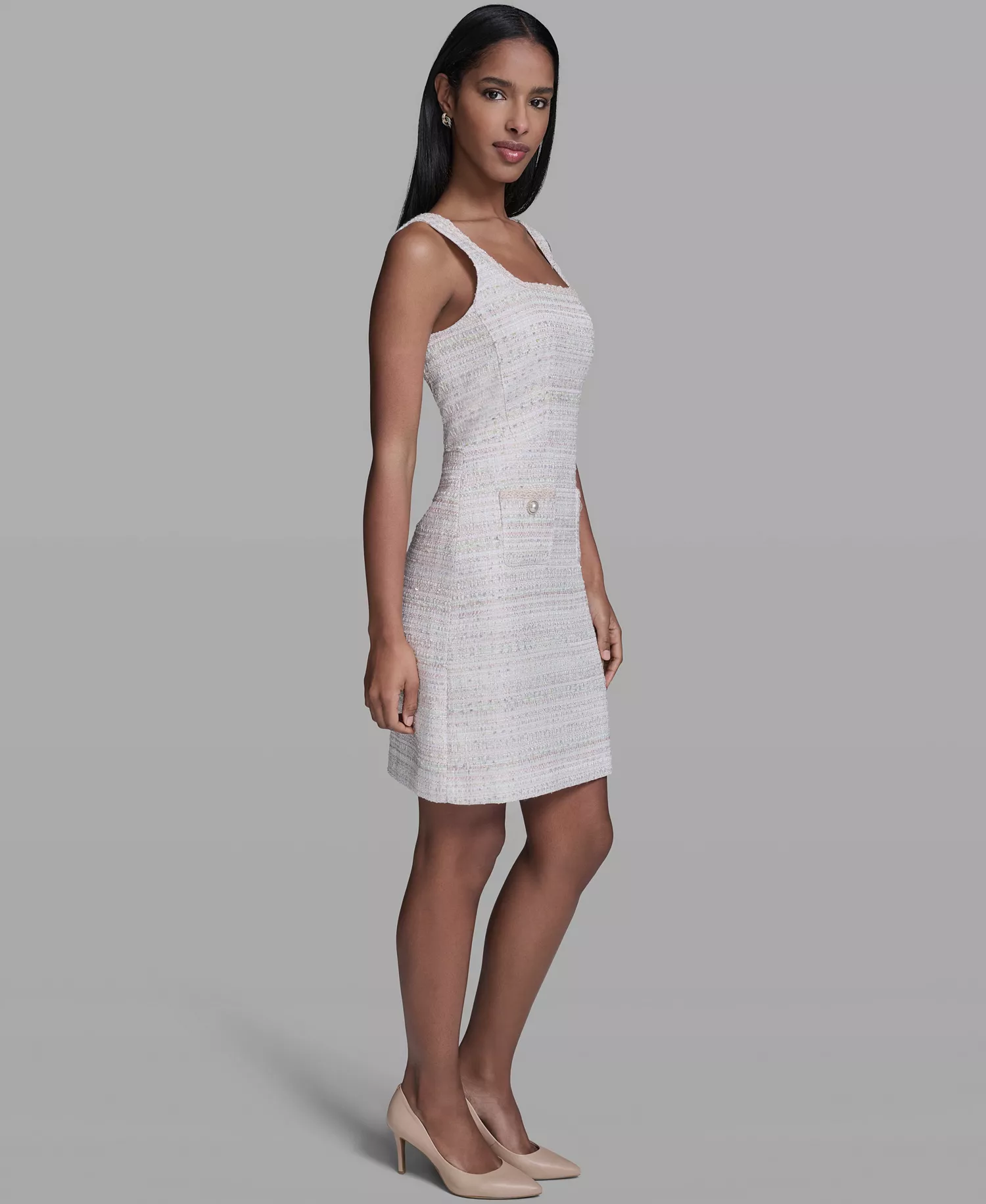 Women's Metallic A-Line Square Neck Dress - Soft White Multi - 0