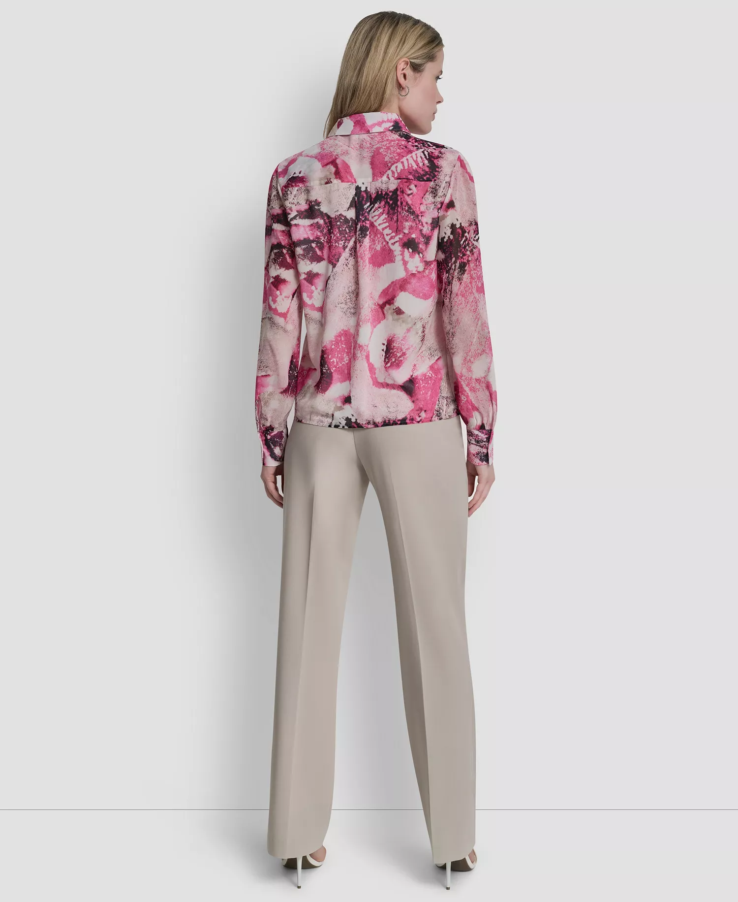 Women's Collared Long-Sleeve Ruffle Detail Shirt - Hot Pink/Pebble Multi - L