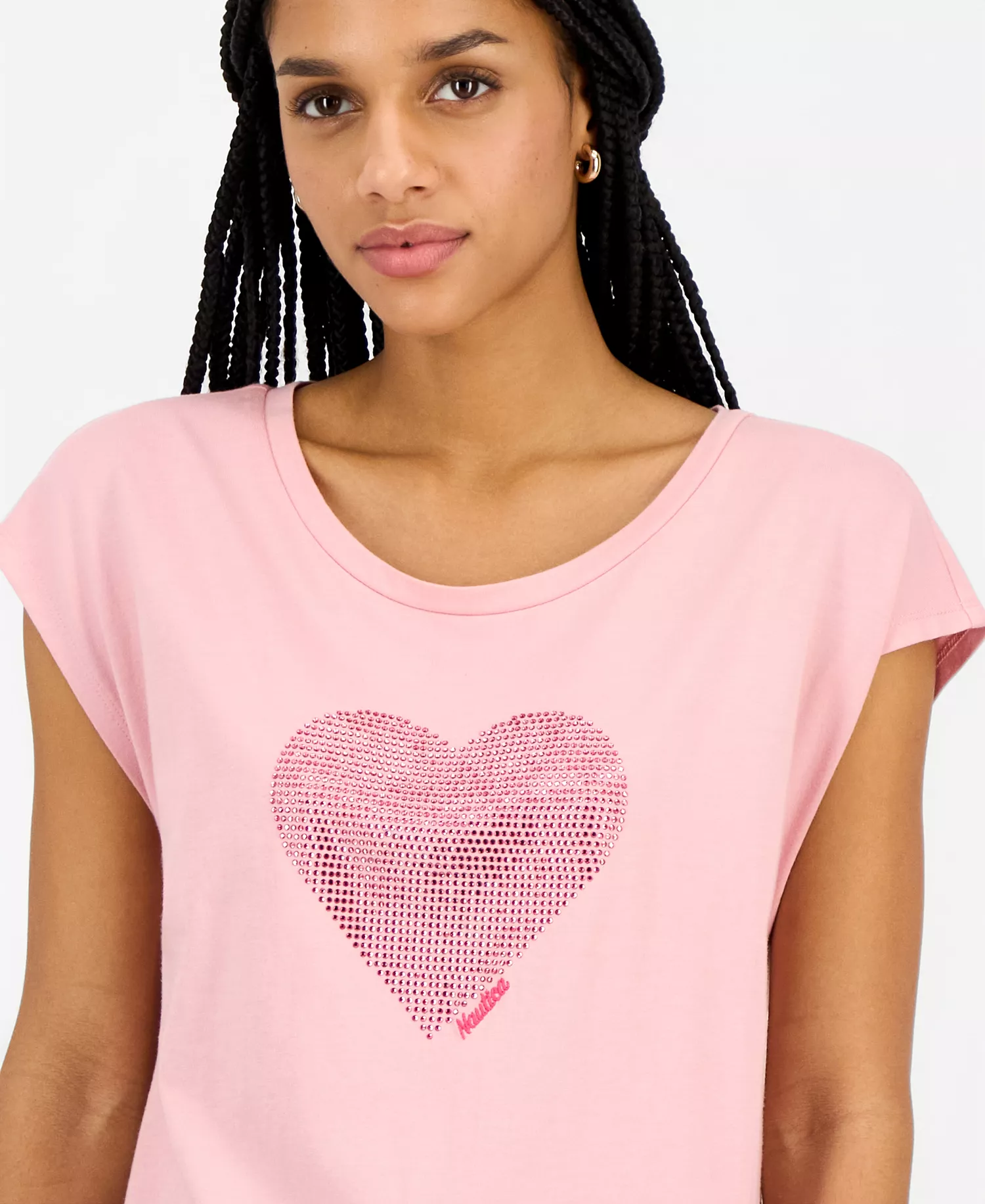 Nautica Women's Round-Neck Embellished-Heart T-Shirt  - Bridal Rose - L