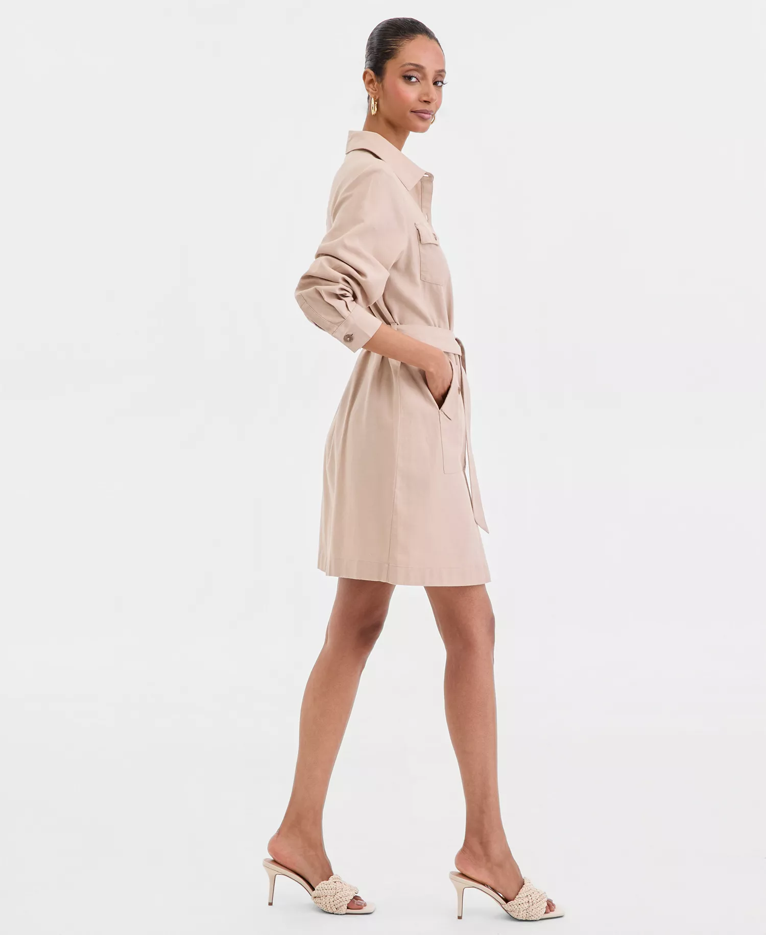Women's Long-Sleeve Belted Shirtdress, Macy's Exclusive - Neutral - L