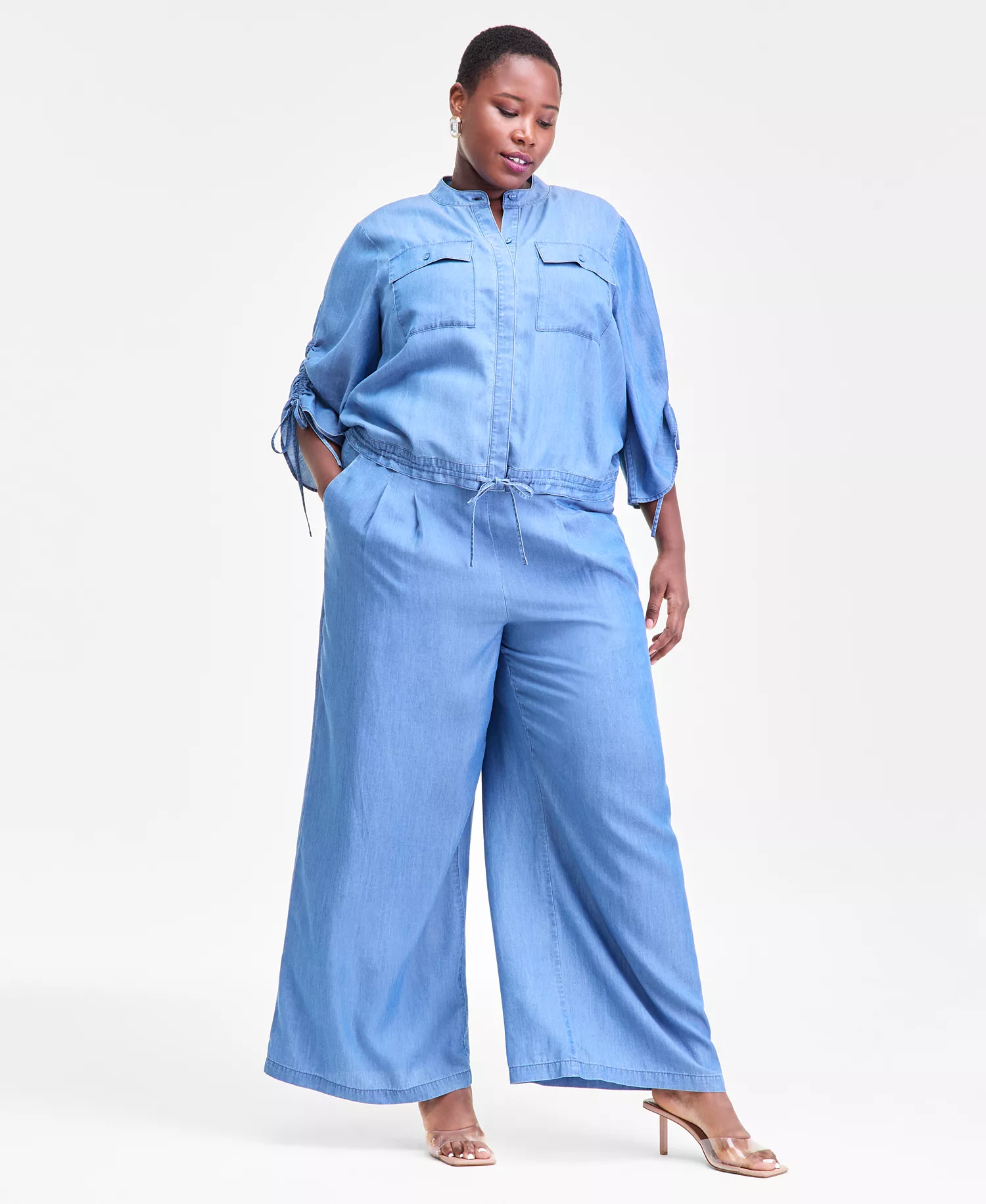 Women's Chambray Tie-Sleeve Pocket Blouse, Macy's Exclusive - Medium Indigo - 0X