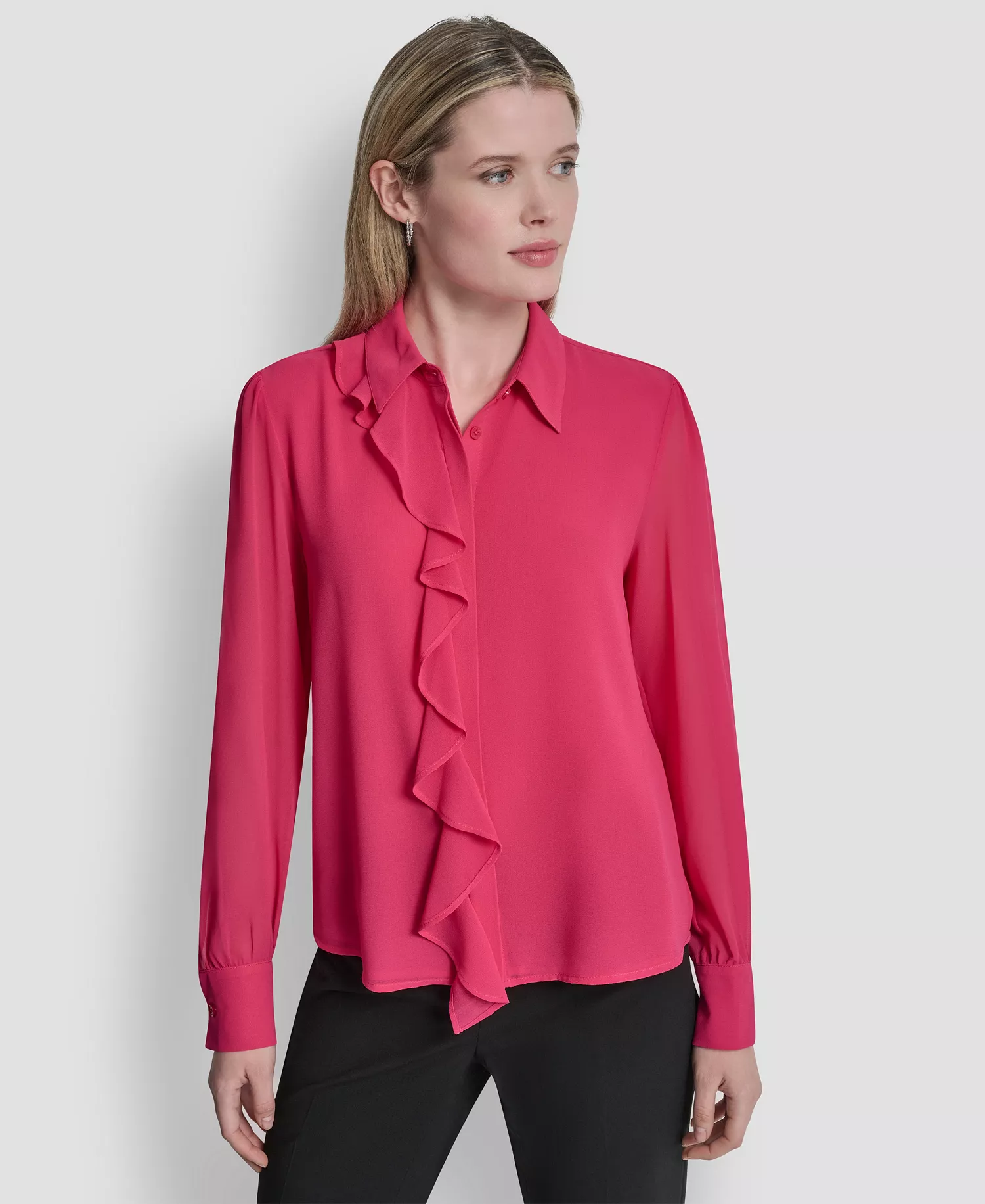 Women's Ruffled Long-Sleeve Shirt - Hot Pink - L