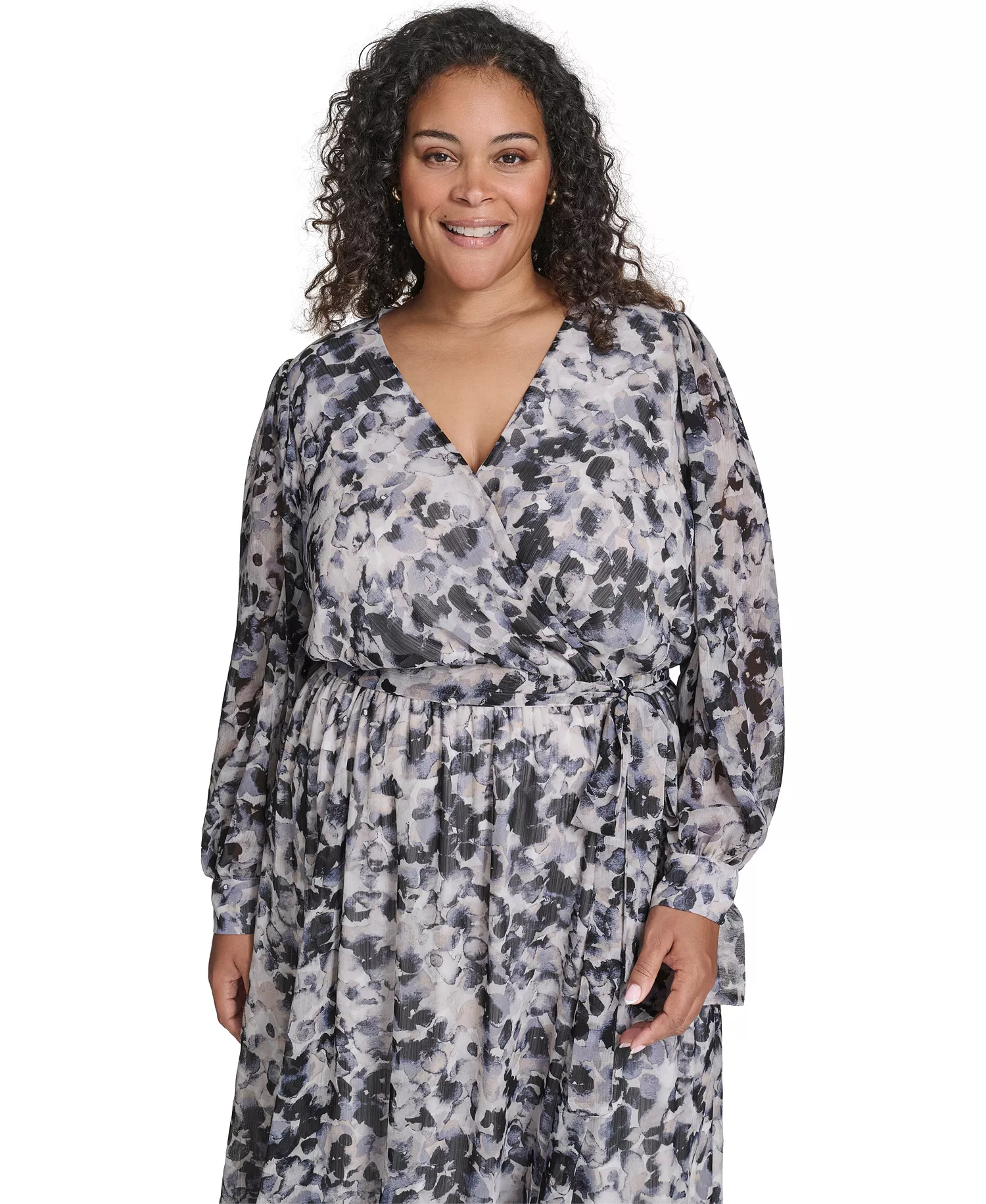 Plus Size Tie Sleeve Chiffon Pull-On Midi Dress - Slate Multi - 14W
